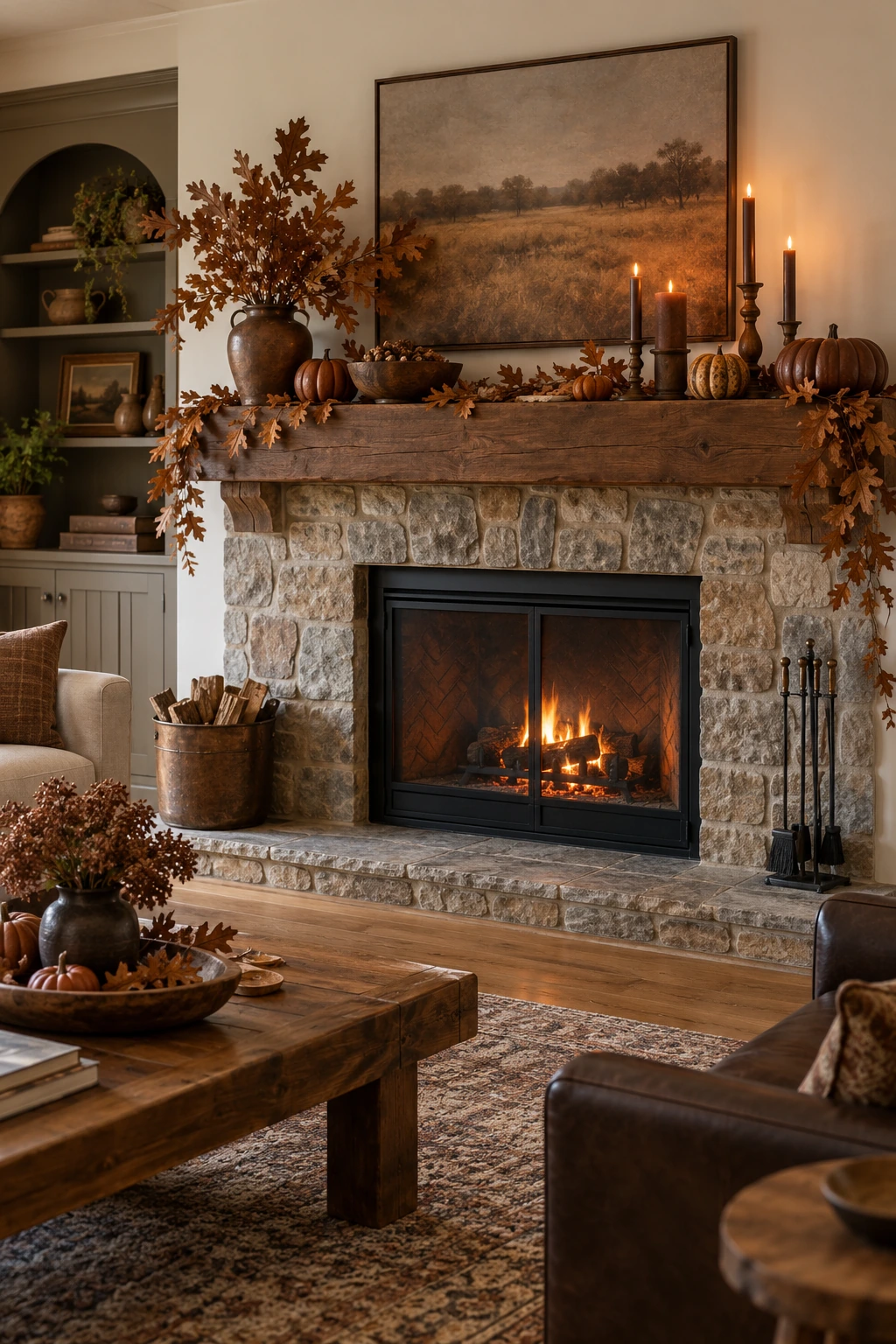 Monochrome brown Thanksgiving mantel with wood, pottery, dried leaves, and pumpkins