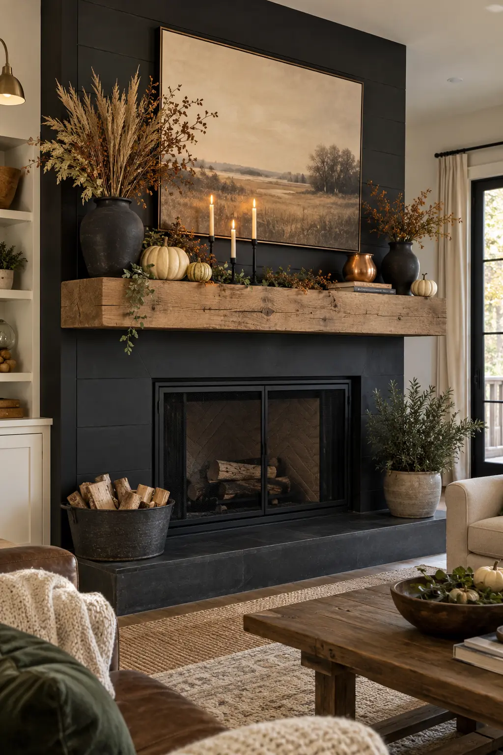 Natural wood Thanksgiving mantel with black frames, branches, and warm pumpkins