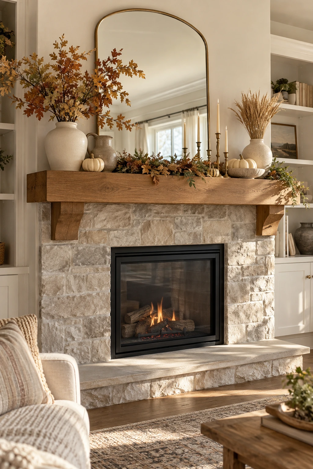 Quiet Thanksgiving mantel with cream pottery, oak leaves, wheat, and pale pumpkins
