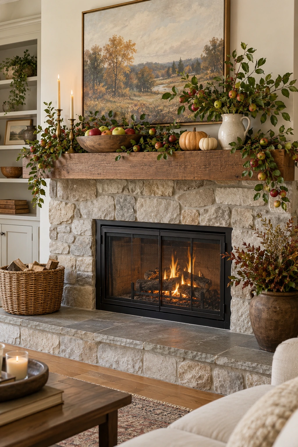 Thanksgiving mantel with red apples, branches, baskets, pumpkins, and rustic pottery
