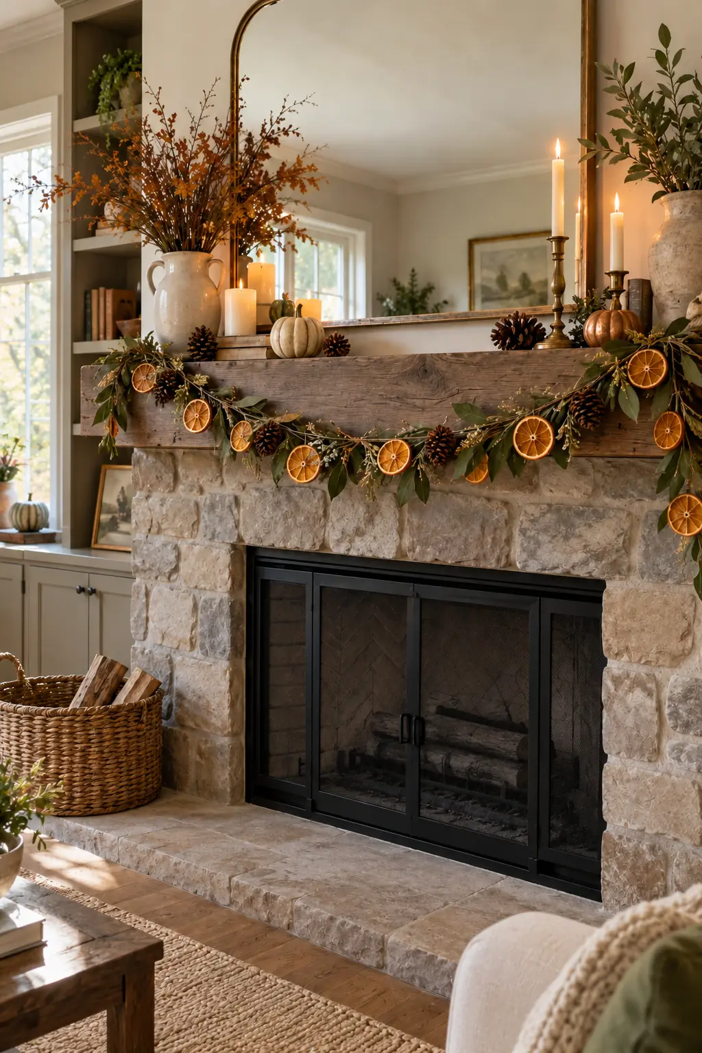 Thanksgiving mantel with dried orange slices, bay leaves, pinecones, and an unlit fireplace