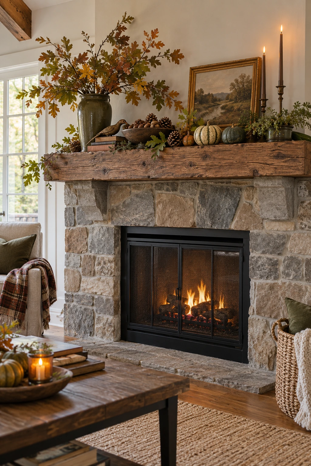 Woodland Thanksgiving mantel with pinecones, acorns, oak leaves, and rustic vessels