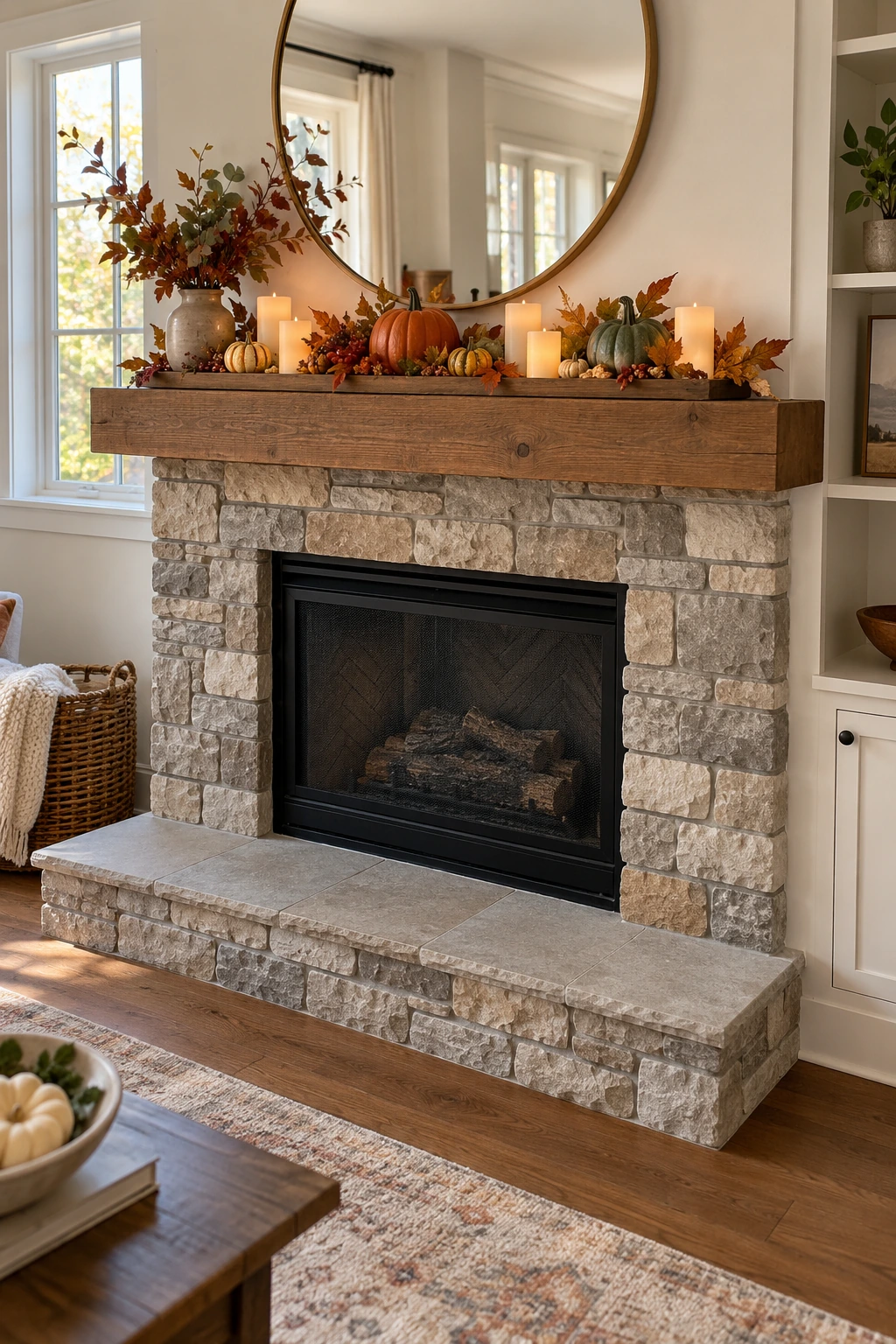 Hosting-ready Thanksgiving mantel with a removable decor tray, branches, and pumpkins