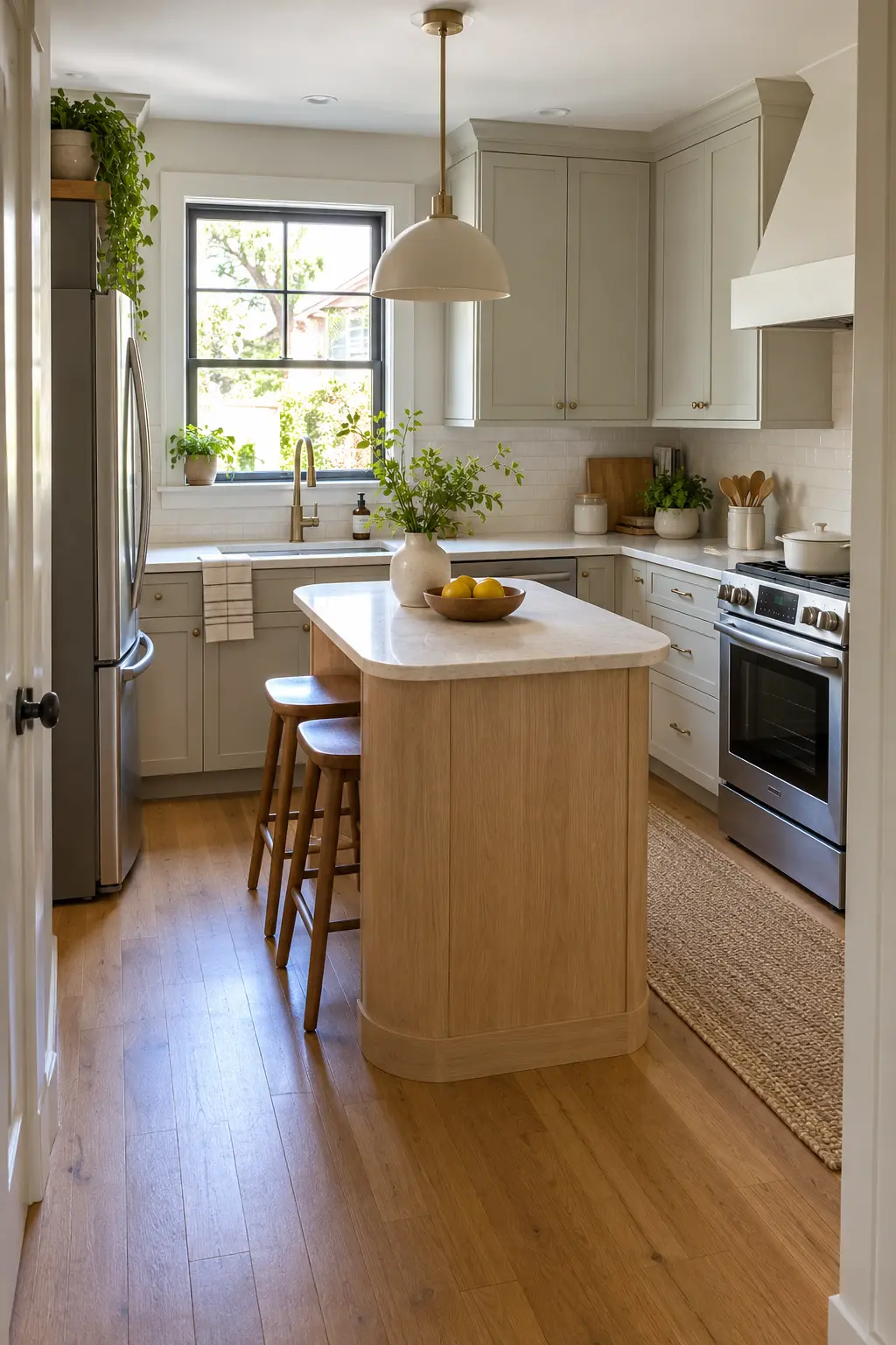 Round the Island Corners tiny kitchen with island idea