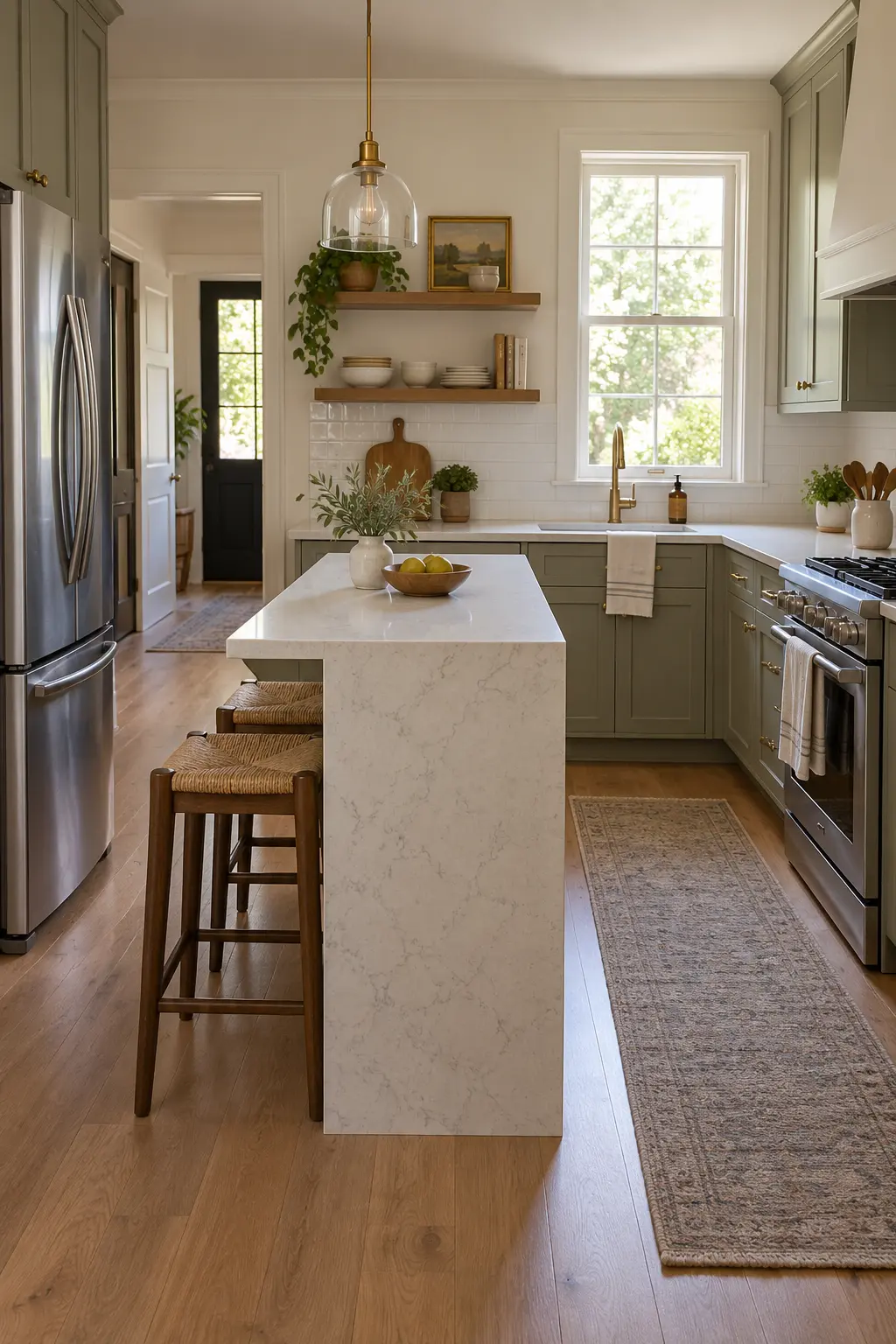 Choose a Petite Waterfall Edge tiny kitchen with island idea