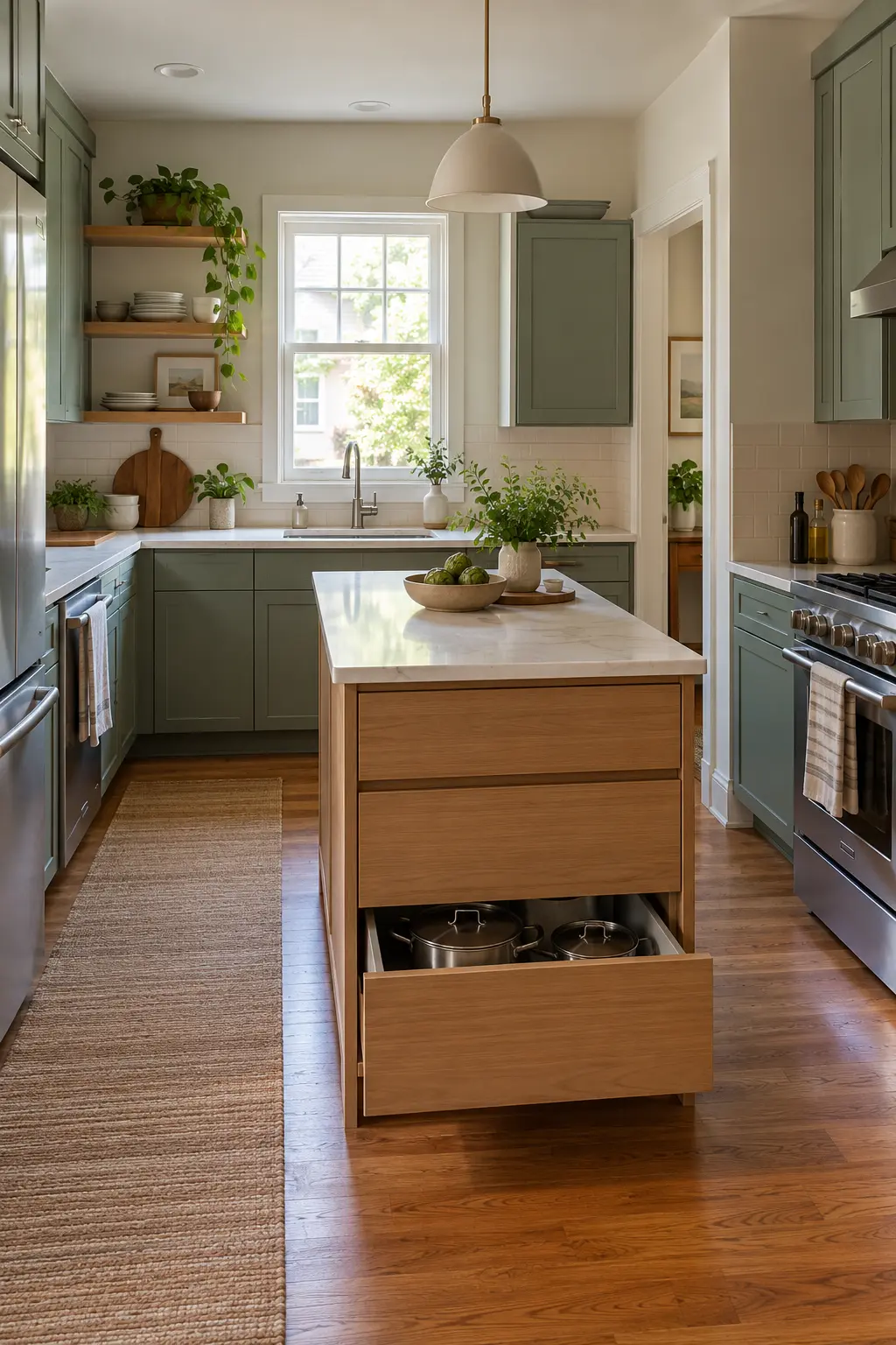 Choose Deep Drawers for Pots tiny kitchen with island idea