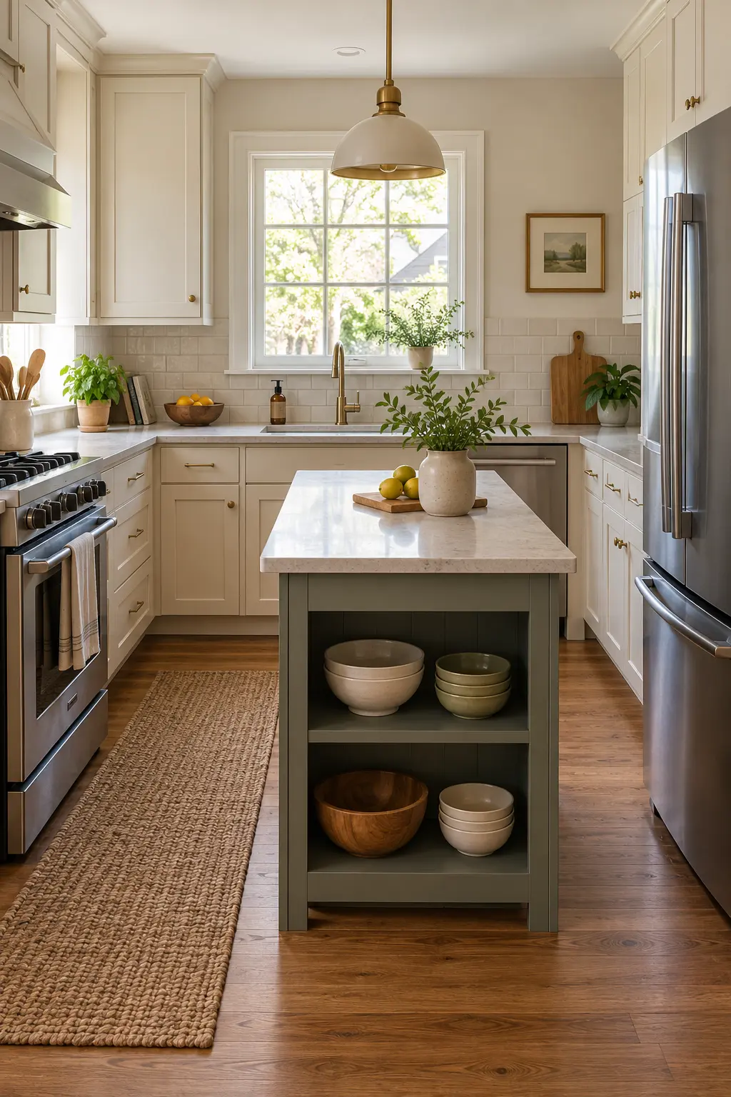 Keep Everyday Bowls on Open Shelves tiny kitchen with island idea