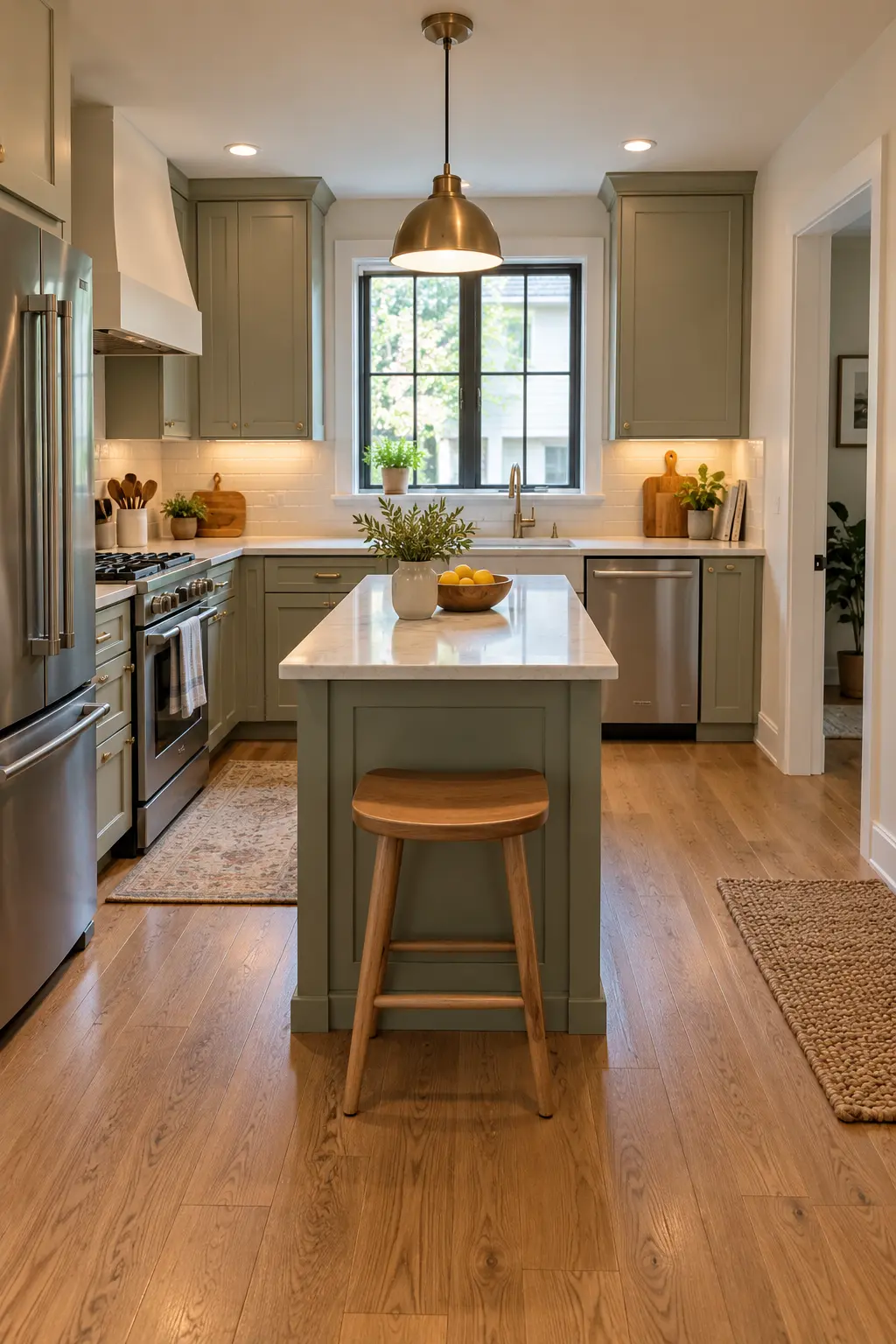 Put One Stool at the End tiny kitchen with island idea
