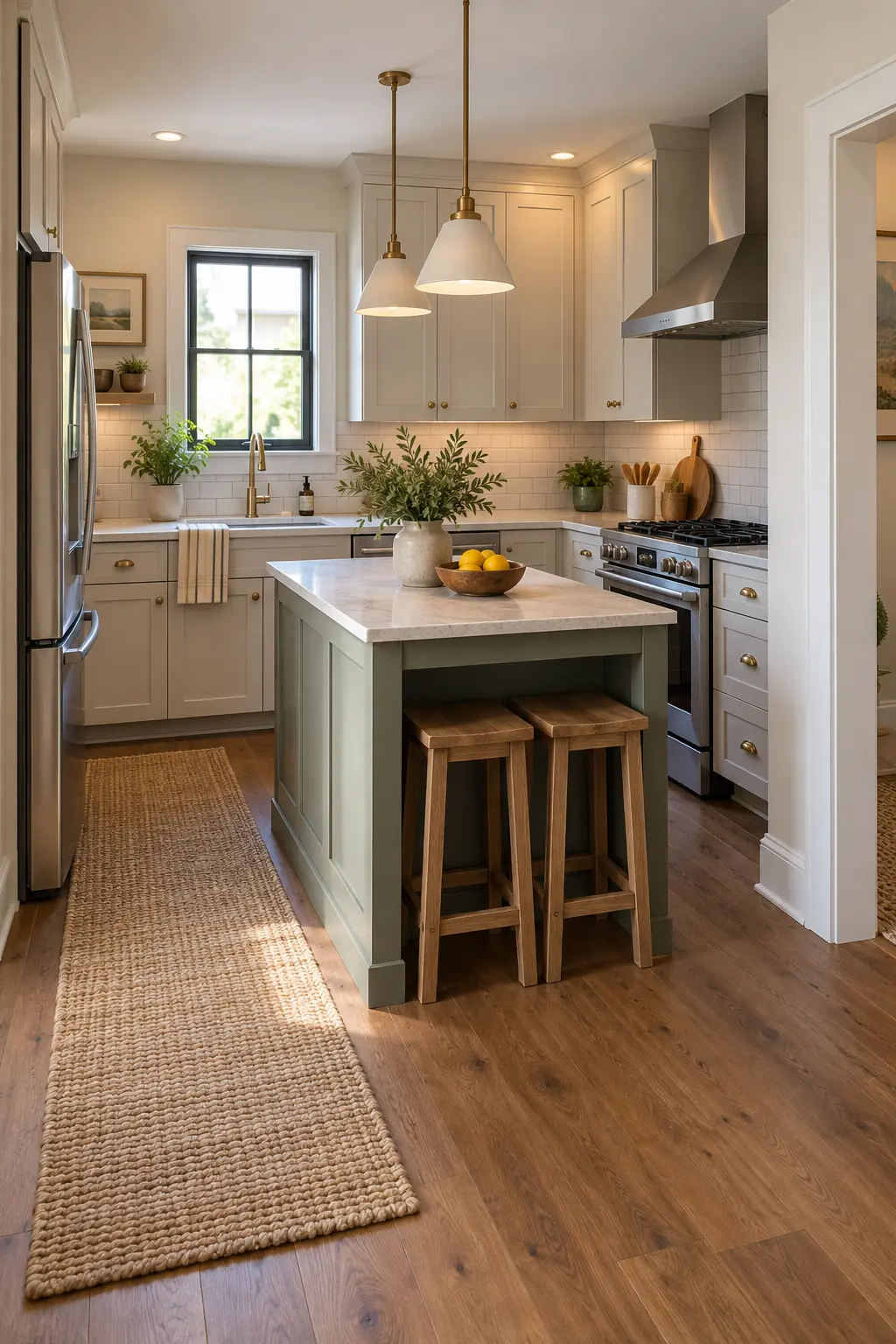 Tuck Two Backless Stools Underneath tiny kitchen with island idea