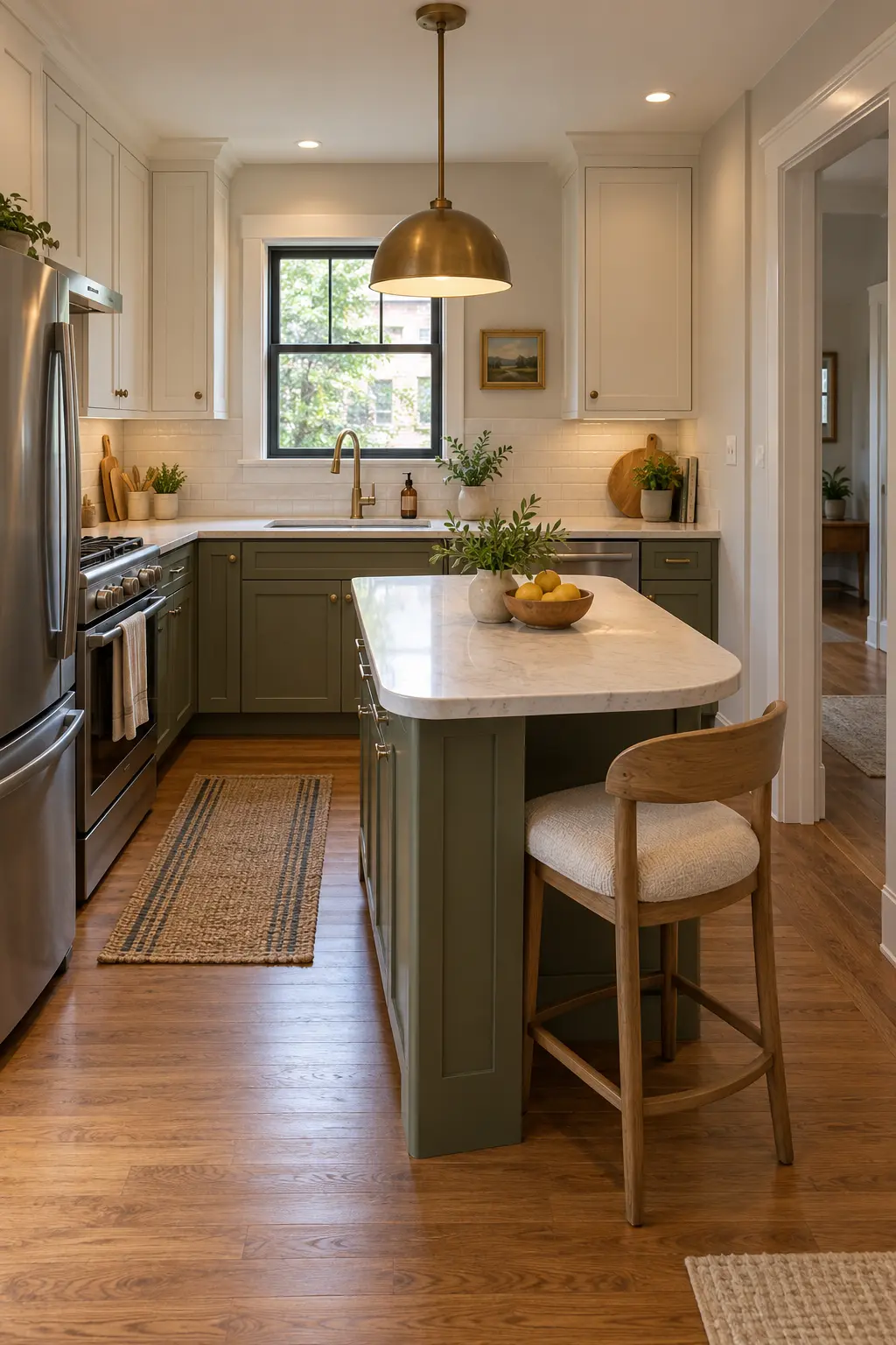 Use a Cantilevered Corner Seat tiny kitchen with island idea