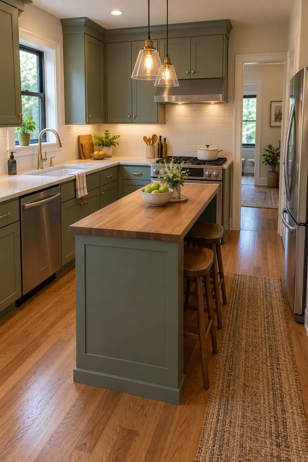 Center a Slim Island in an L-Shape tiny kitchen with island idea