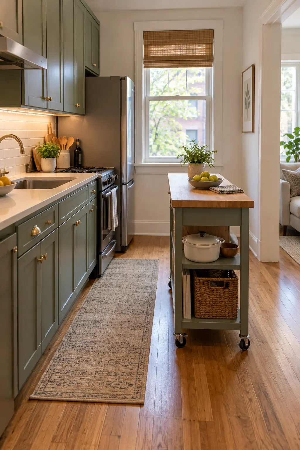 Float a Cart Beside a One-Wall Kitchen tiny kitchen with island idea