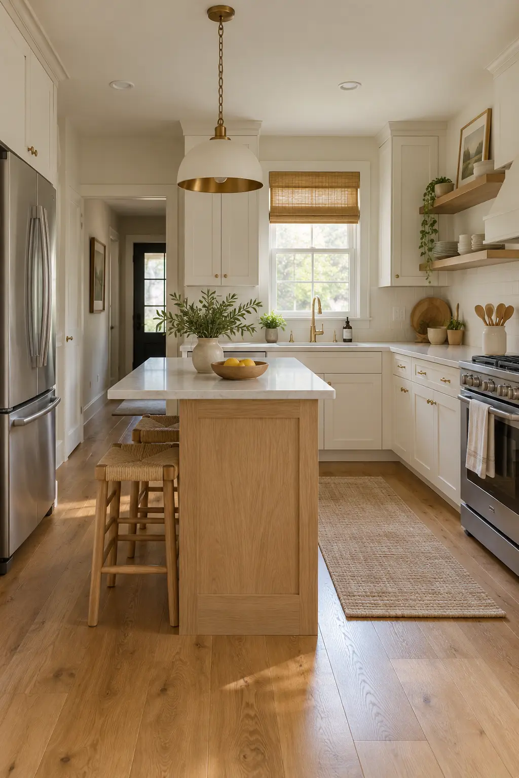 Warm White Cabinets With Light Oak tiny kitchen with island idea
