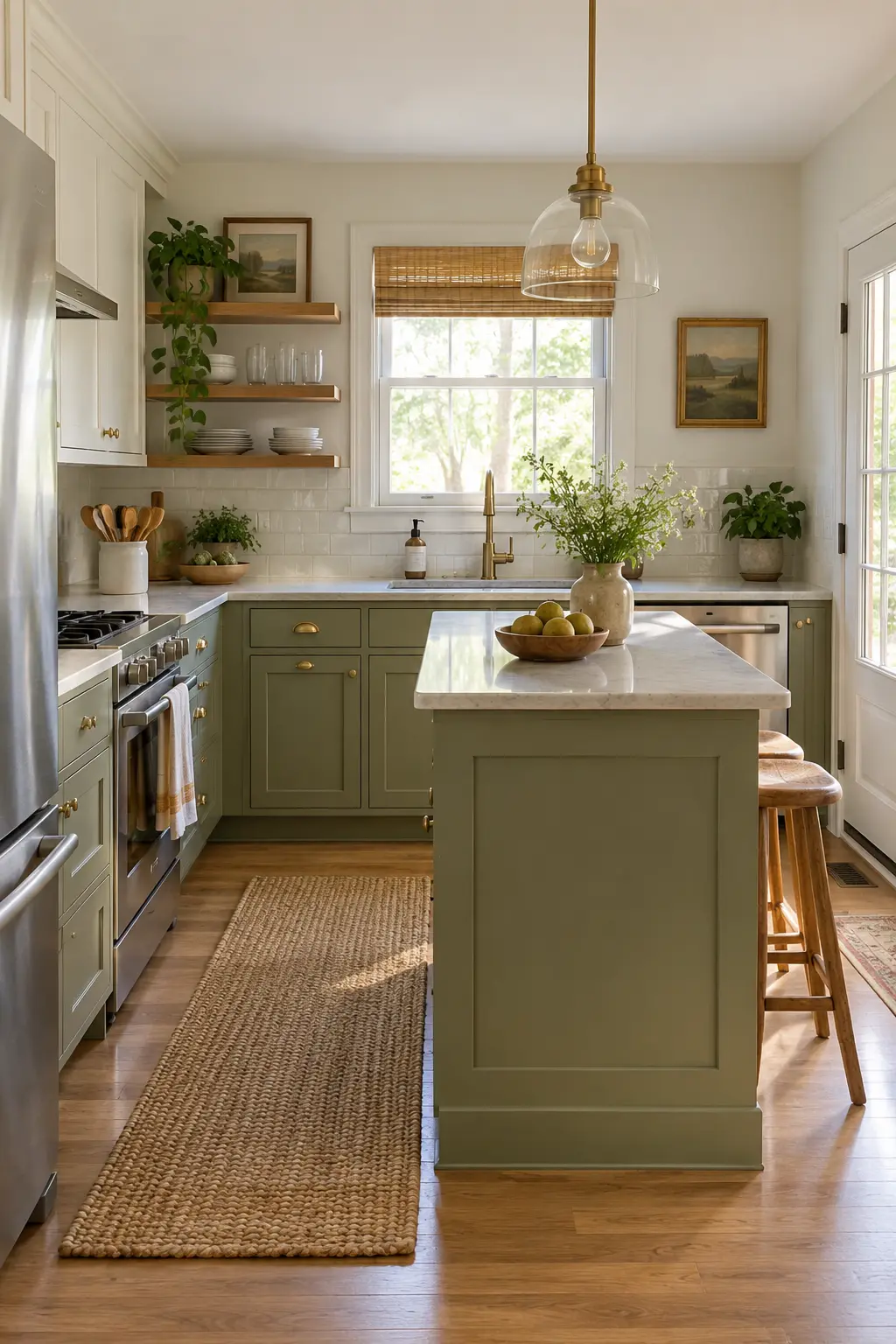 Blend In With Soft Sage tiny kitchen with island idea