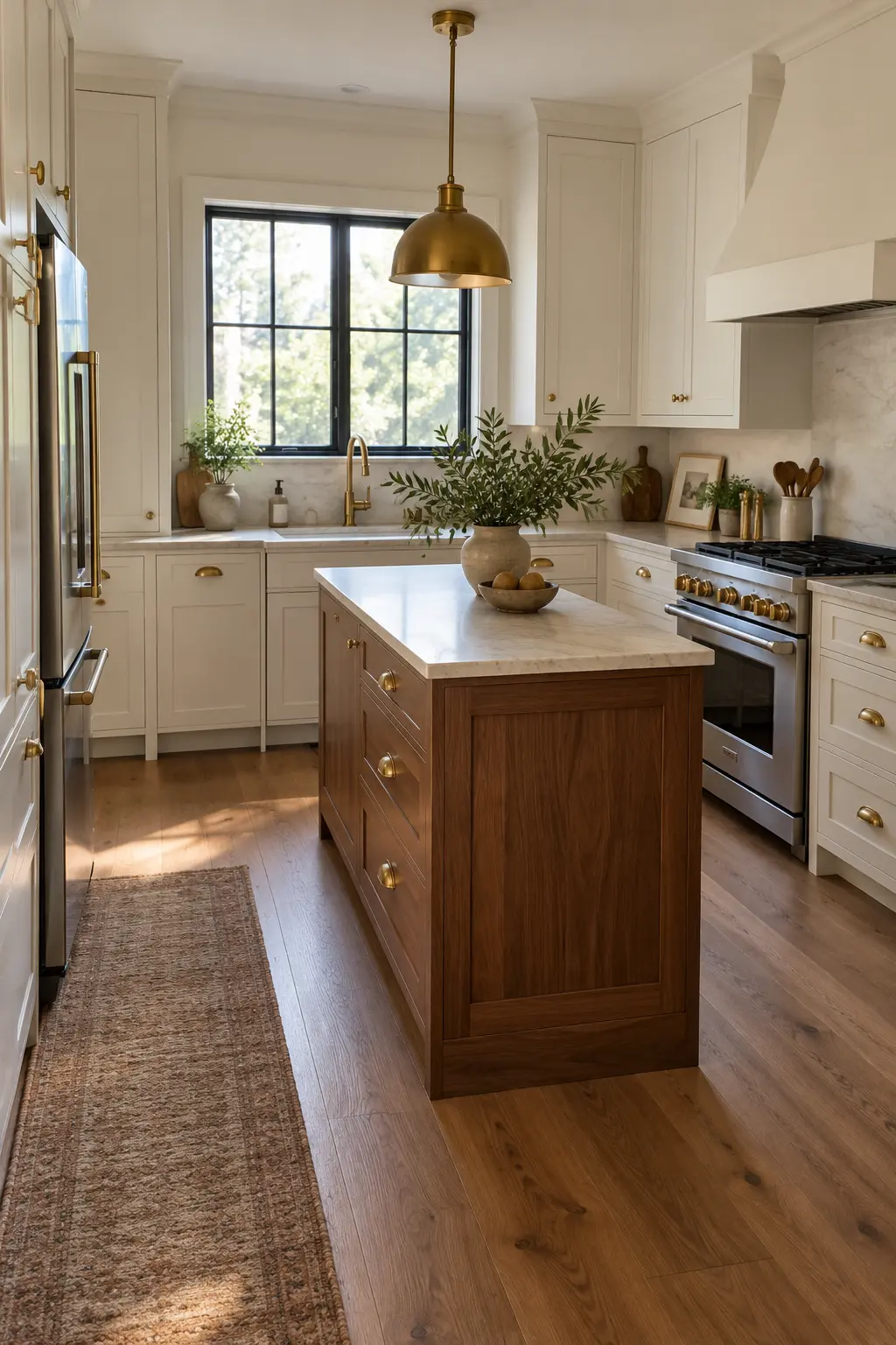 Pair Walnut With Aged Brass tiny kitchen with island idea
