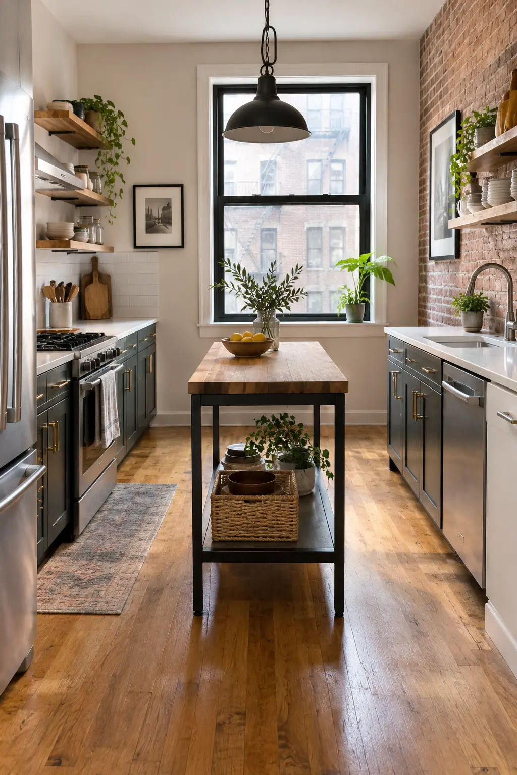Try a Black Metal Workbench tiny kitchen with island idea