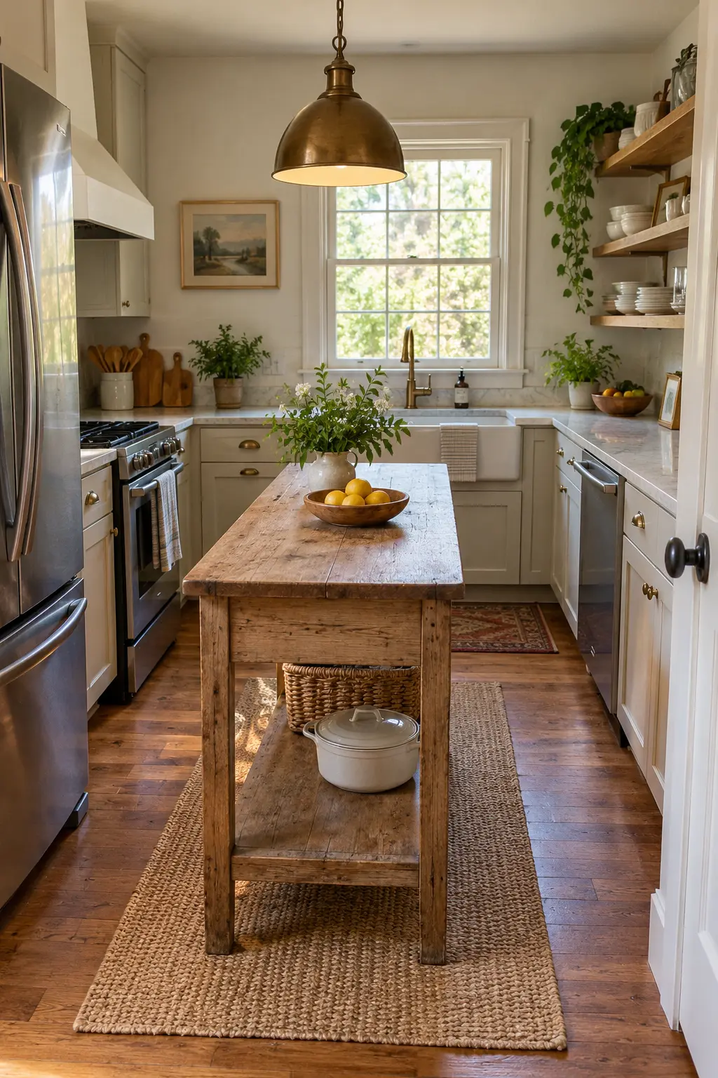 Use a Farmhouse Prep Table tiny kitchen with island idea