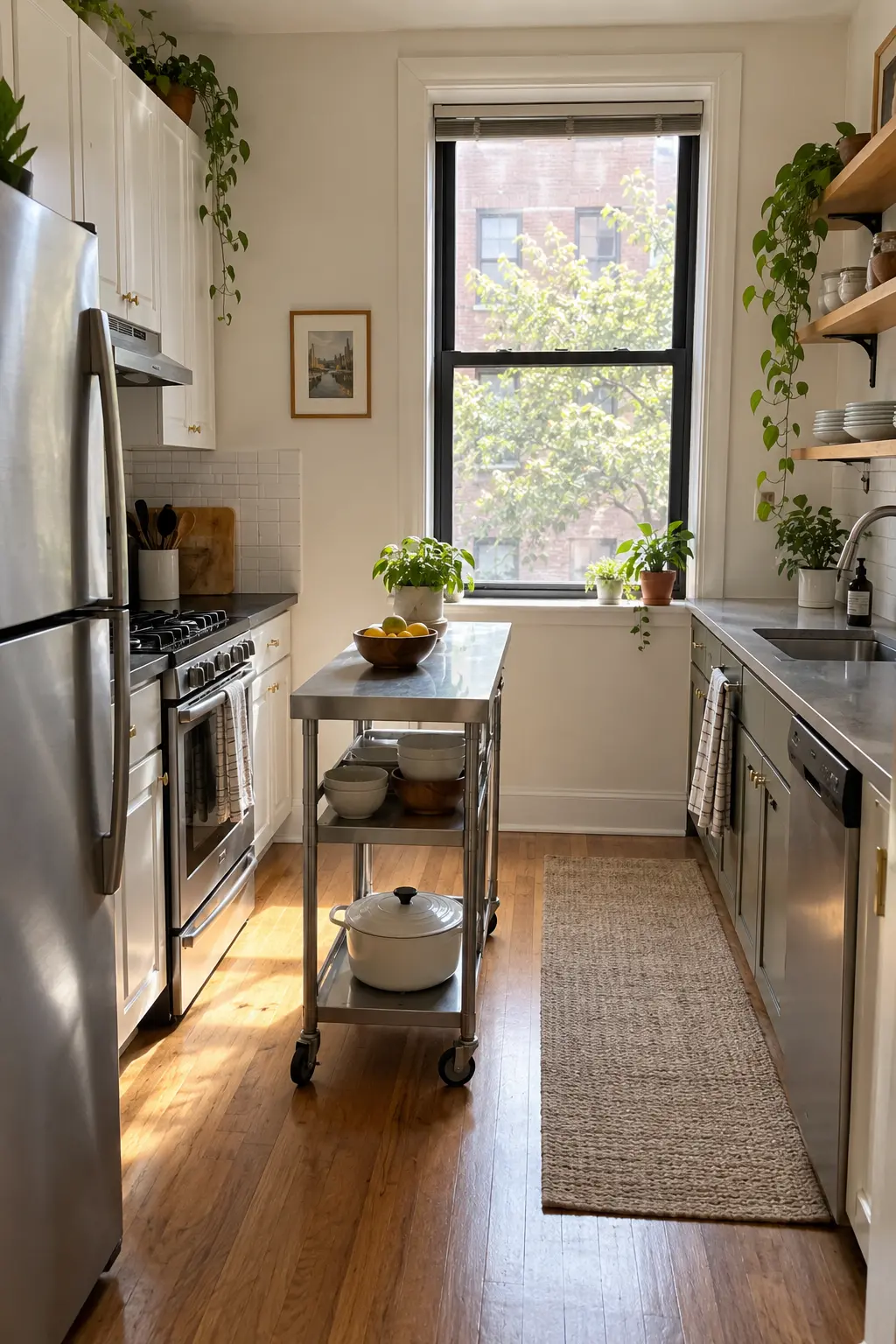 Choose a Rental-Friendly Stainless Cart tiny kitchen with island idea