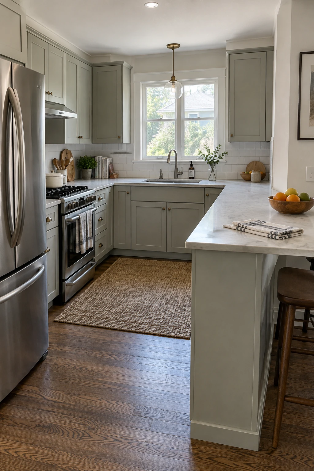 Compact U-shaped kitchen with a slim peninsula and open entry
