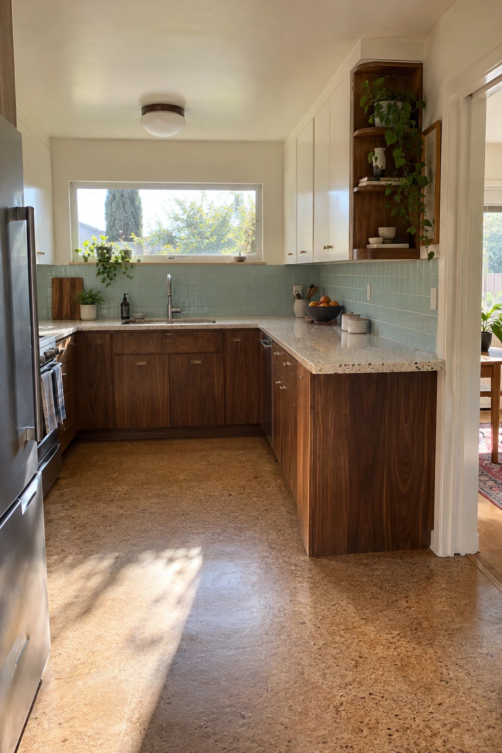 Short peninsula ending before a kitchen doorway