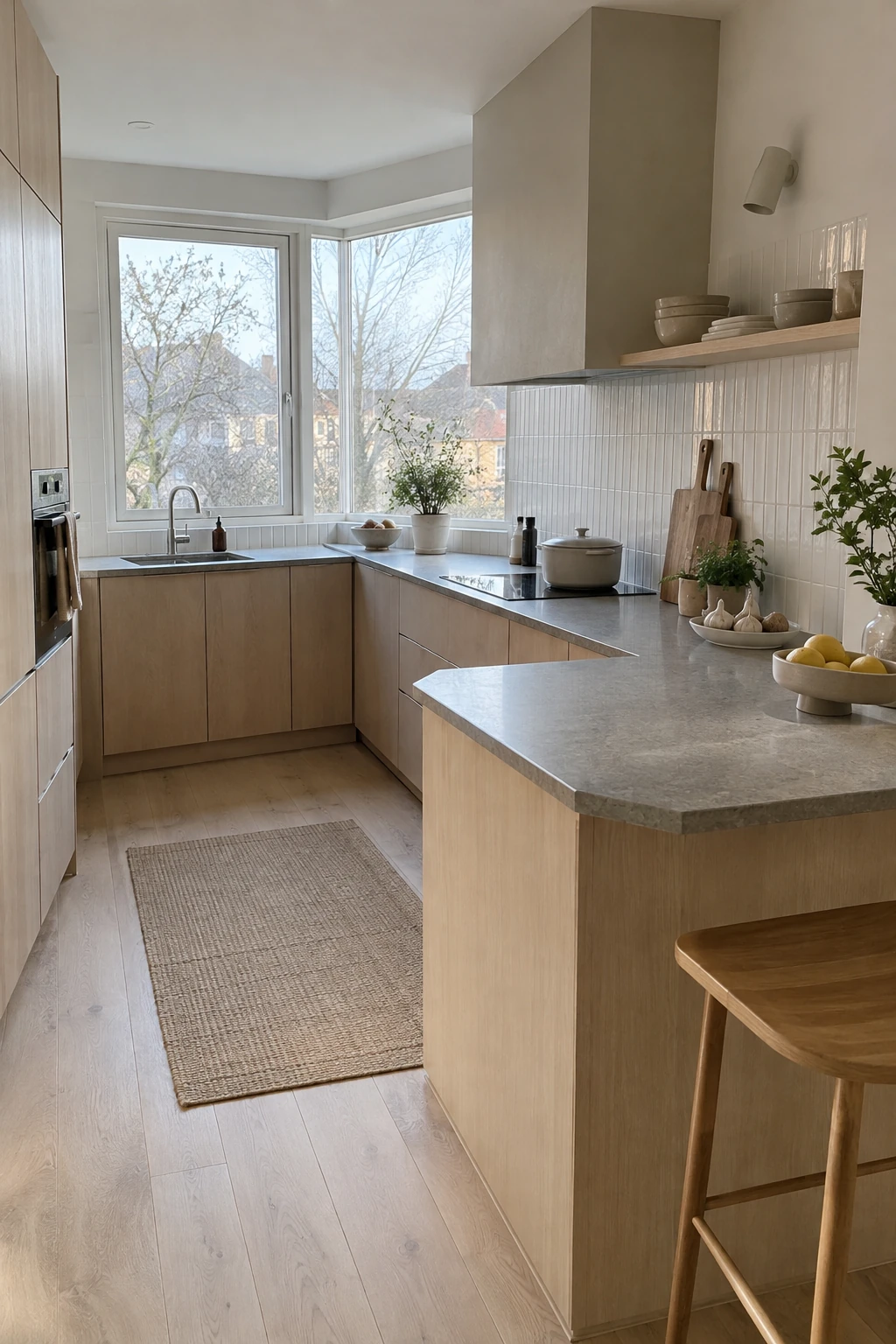 Peninsula with clipped outer corner at the kitchen entry