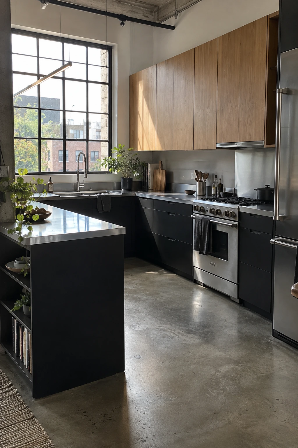 Shallow storage peninsula in a compact U-shaped kitchen