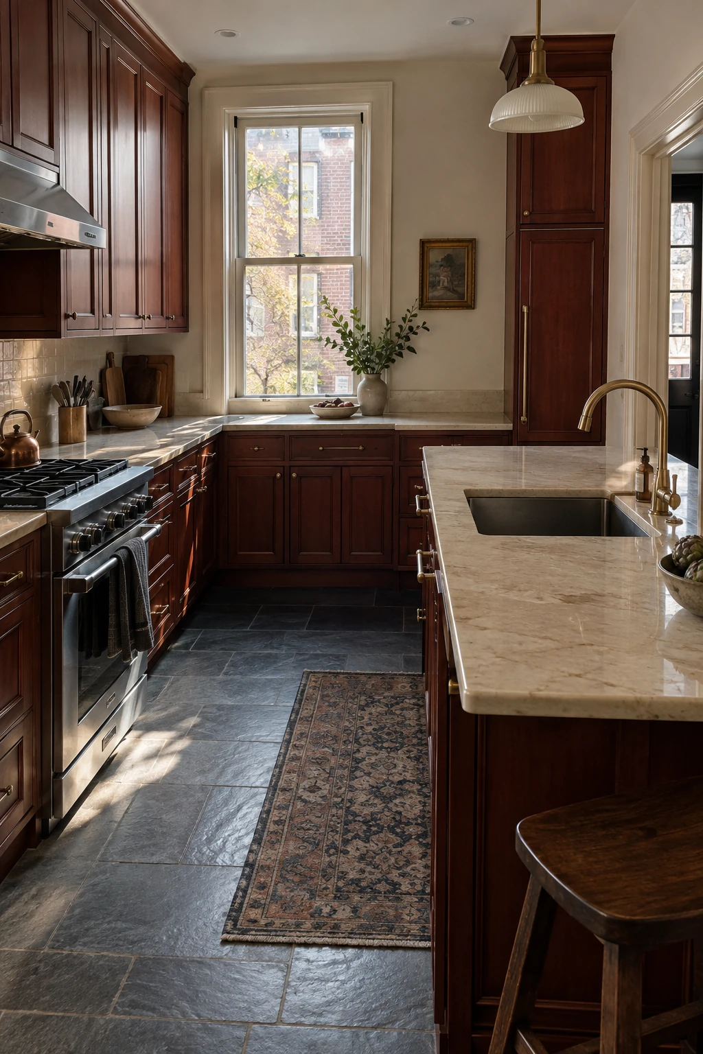 Main sink centered in a U-shaped kitchen peninsula