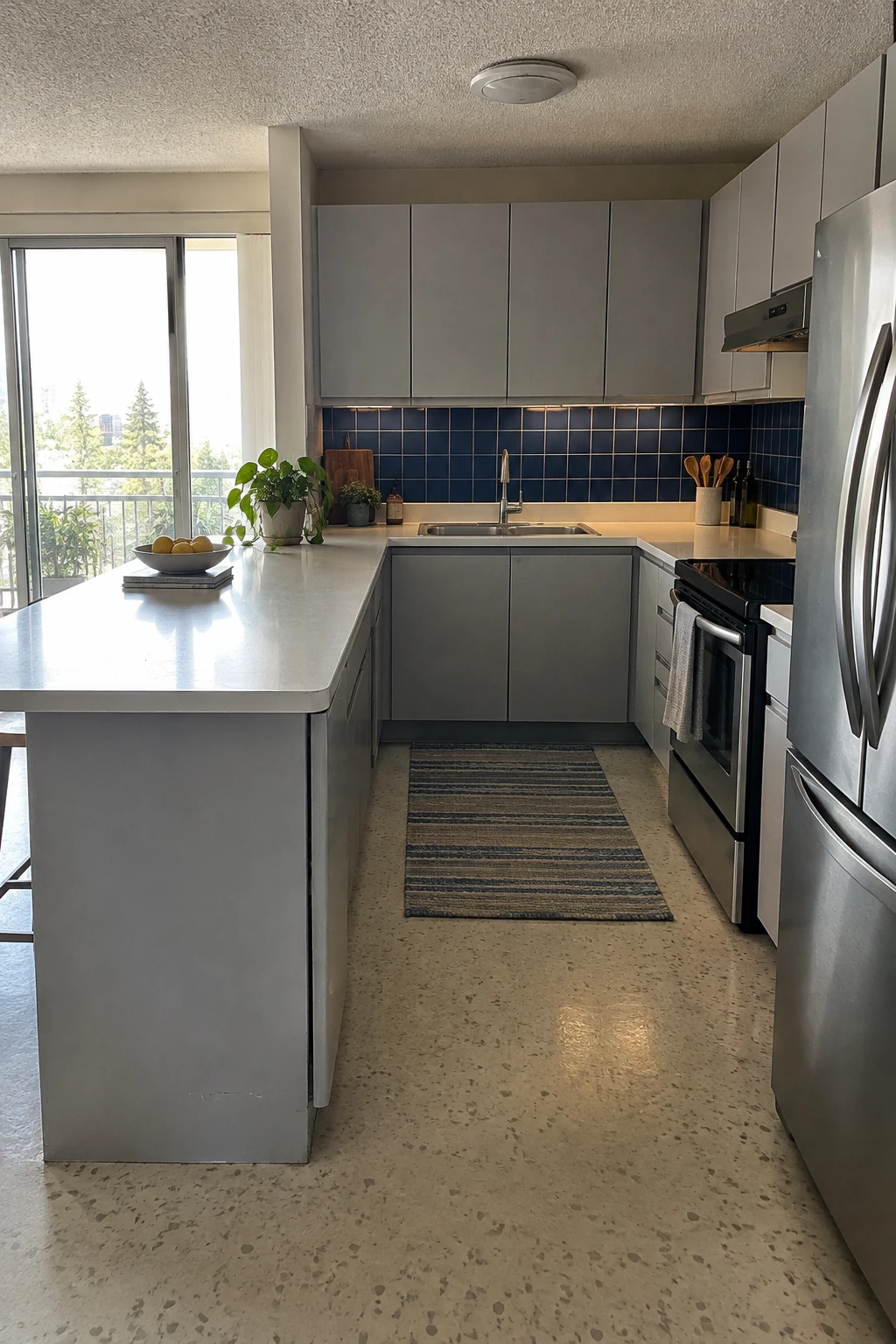 Refrigerator at the open end of a U-shaped kitchen