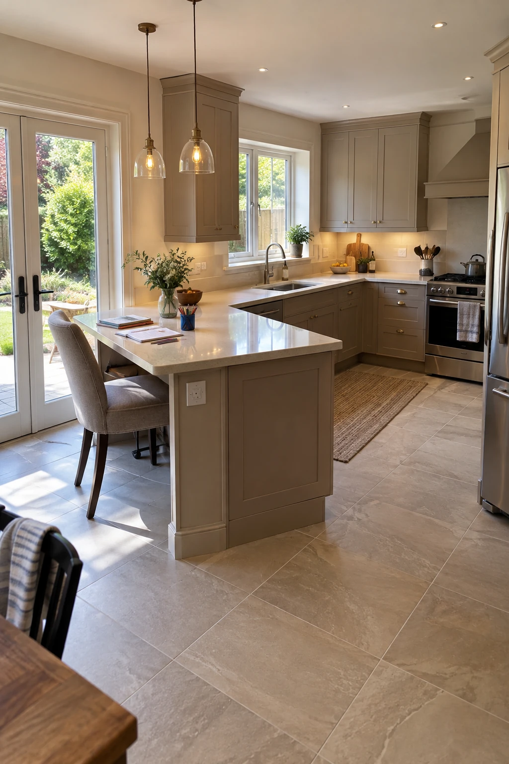 Homework seat at the end of a kitchen peninsula