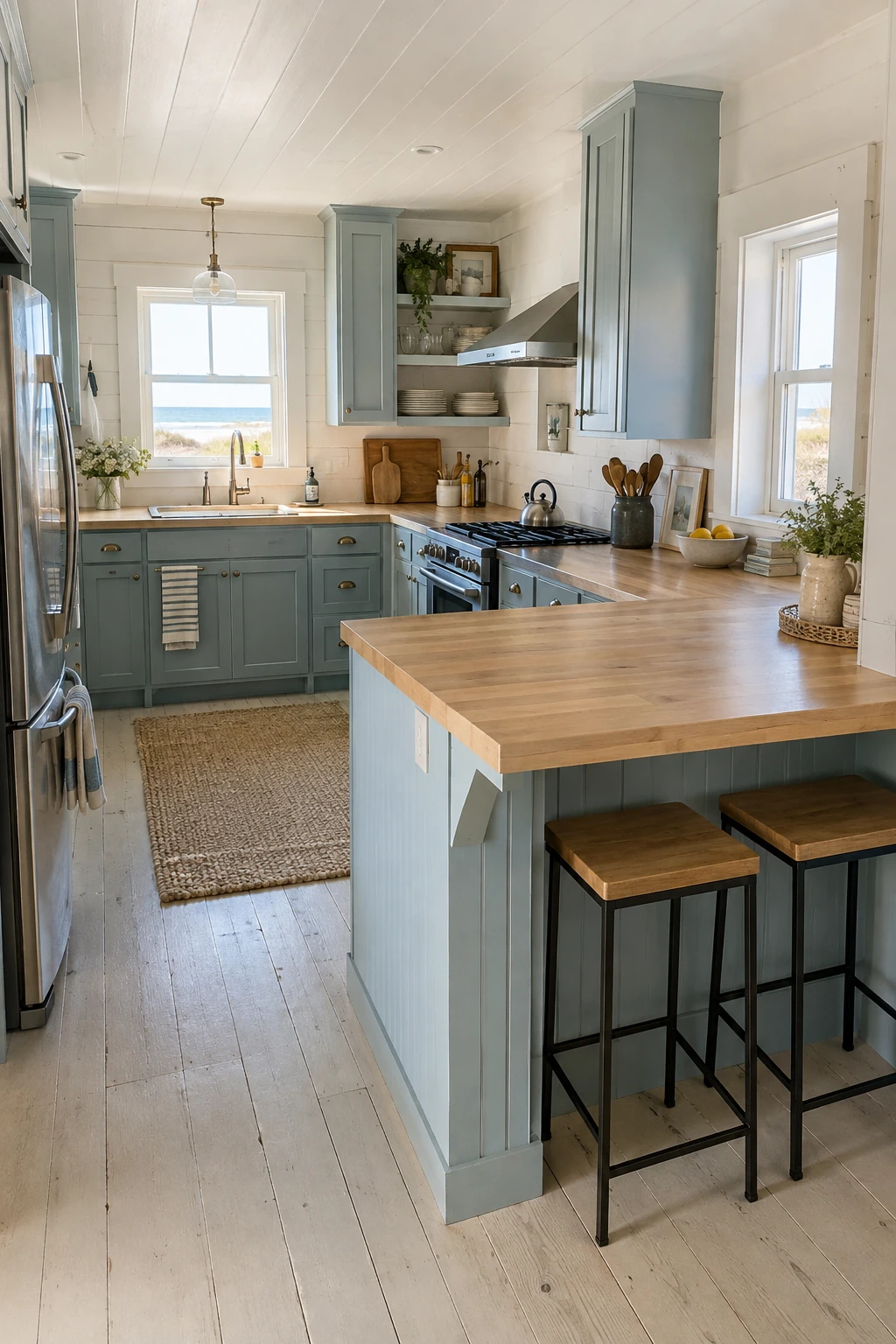 Backless stools beneath a compact kitchen peninsula
