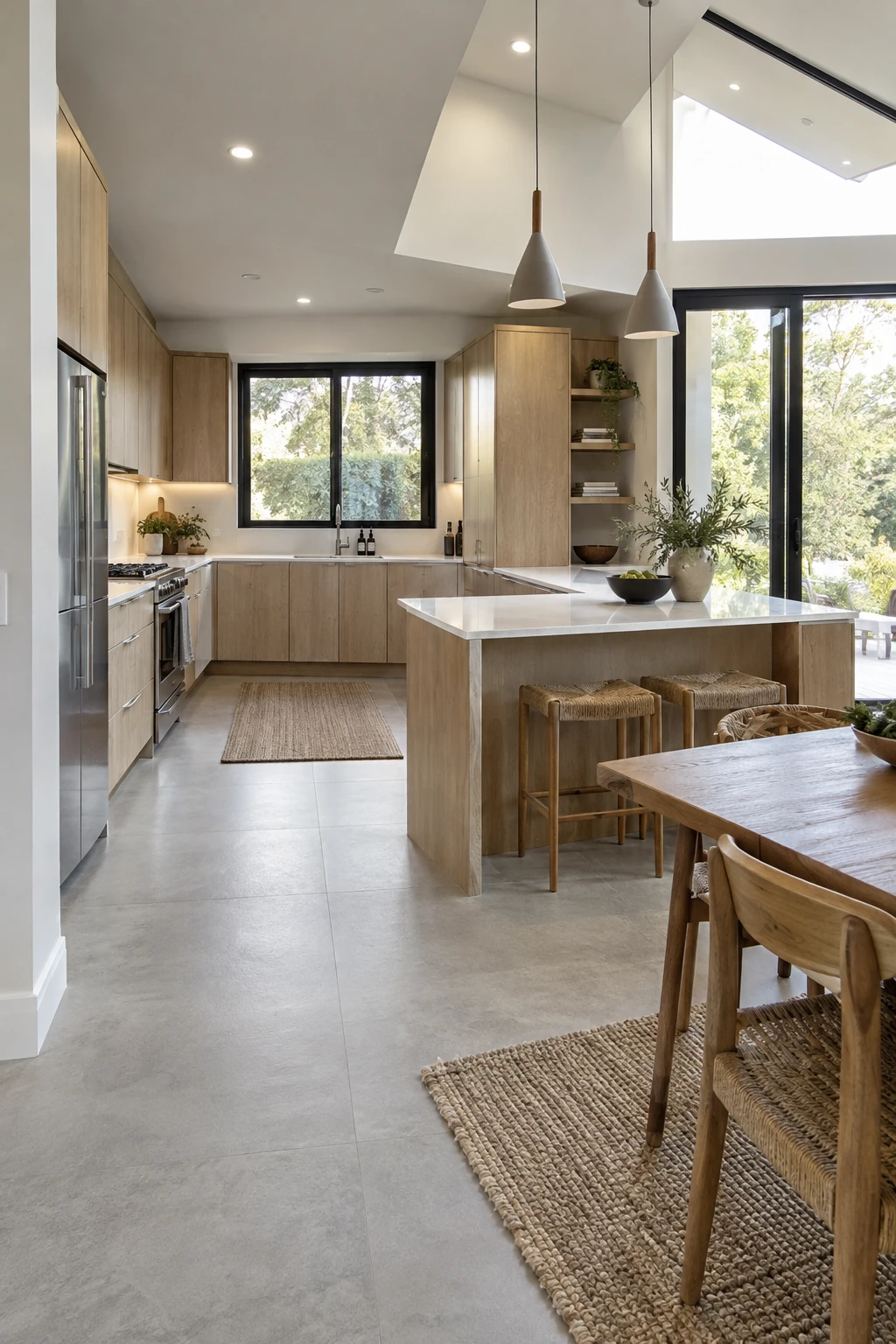 Dining table aligned beyond the end of a peninsula