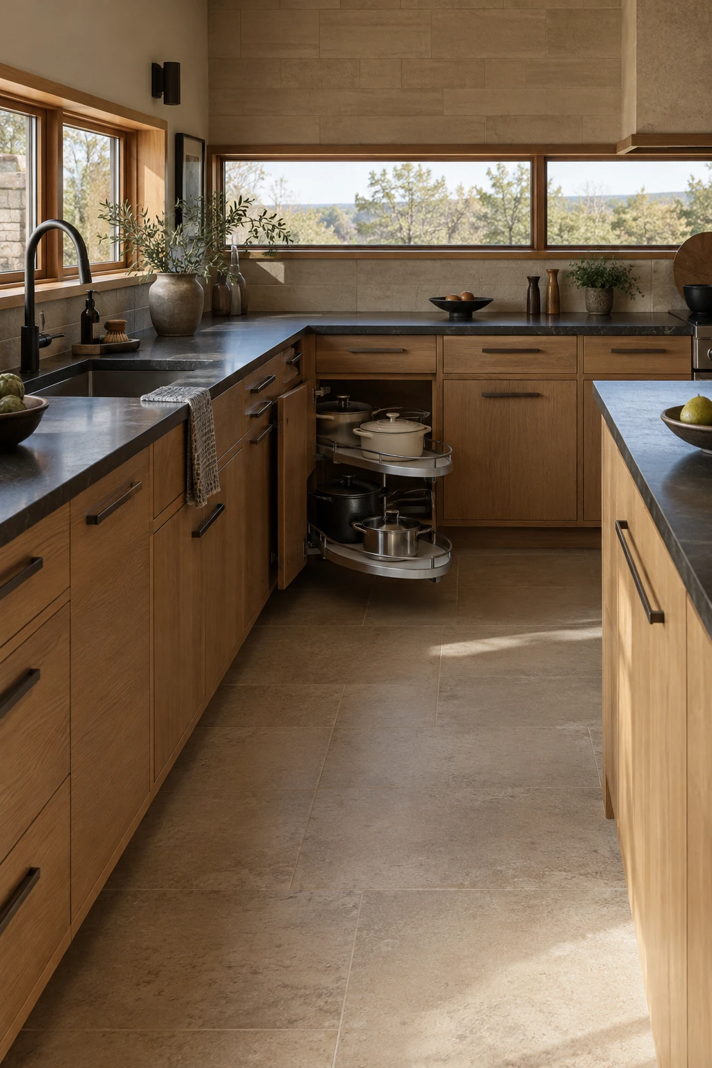 Organized blind-corner pullout near a kitchen peninsula