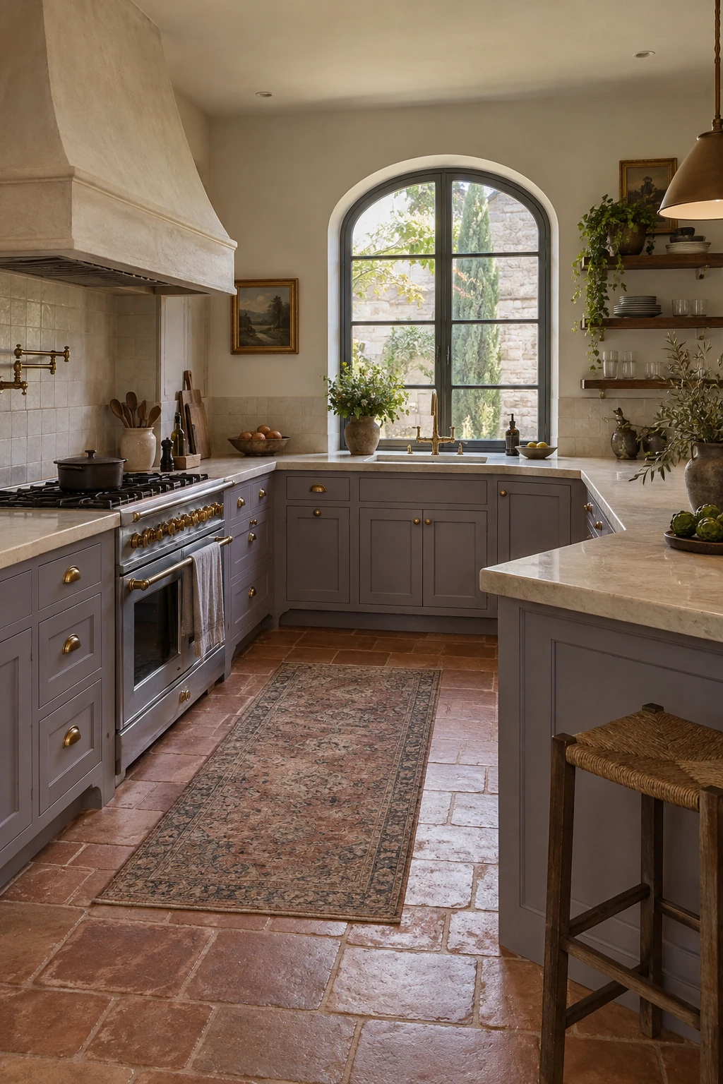 Diagonal corner base at the inner bend of a U-shaped kitchen