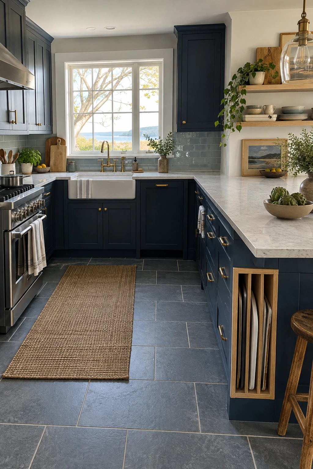 Vertical tray-divider cabinet at a peninsula end
