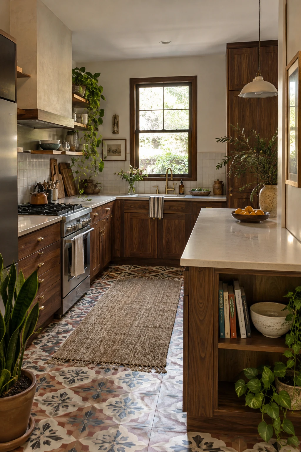 Open display shelves at the end of a kitchen peninsula