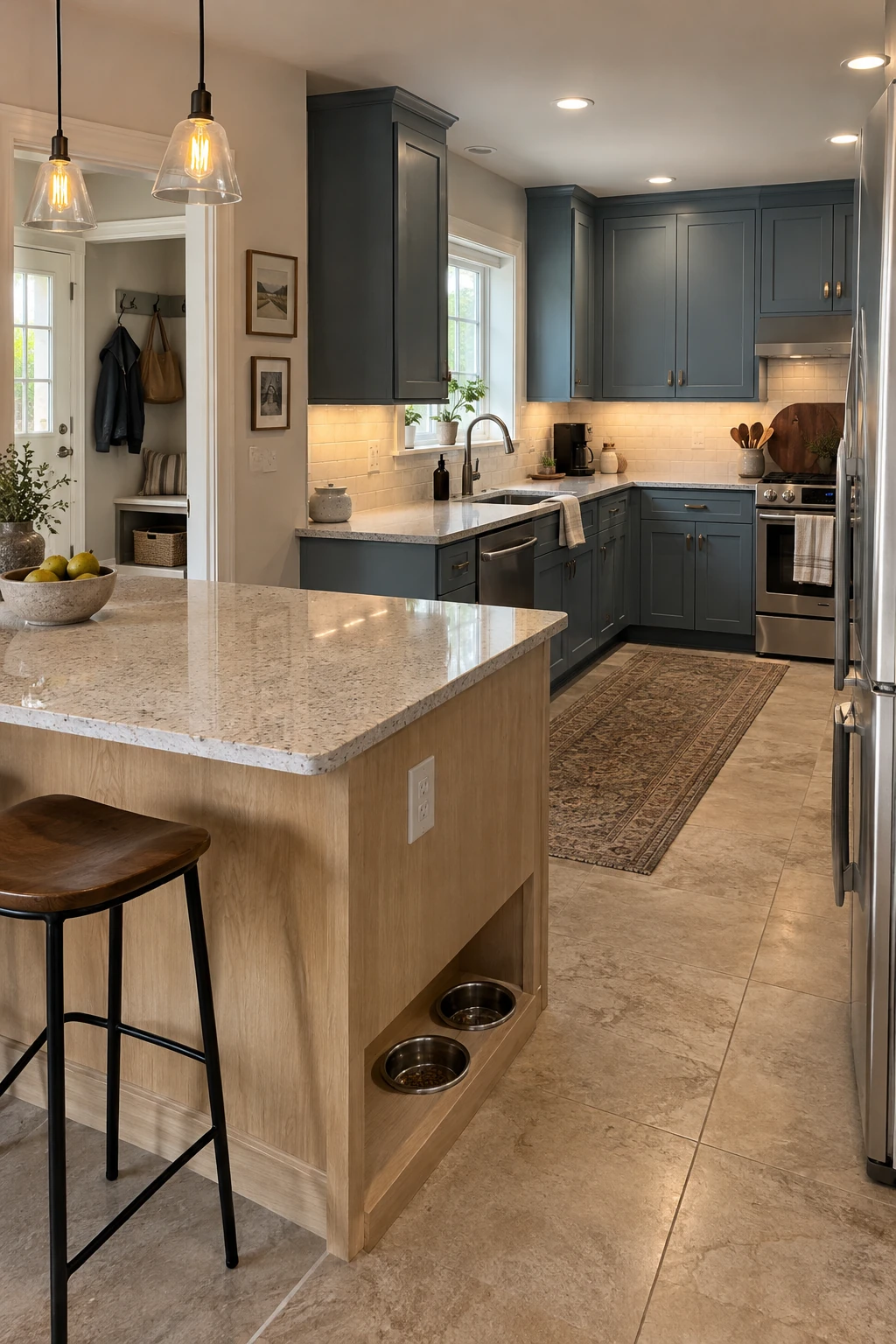 Pet bowl niche at the quiet end of a kitchen peninsula