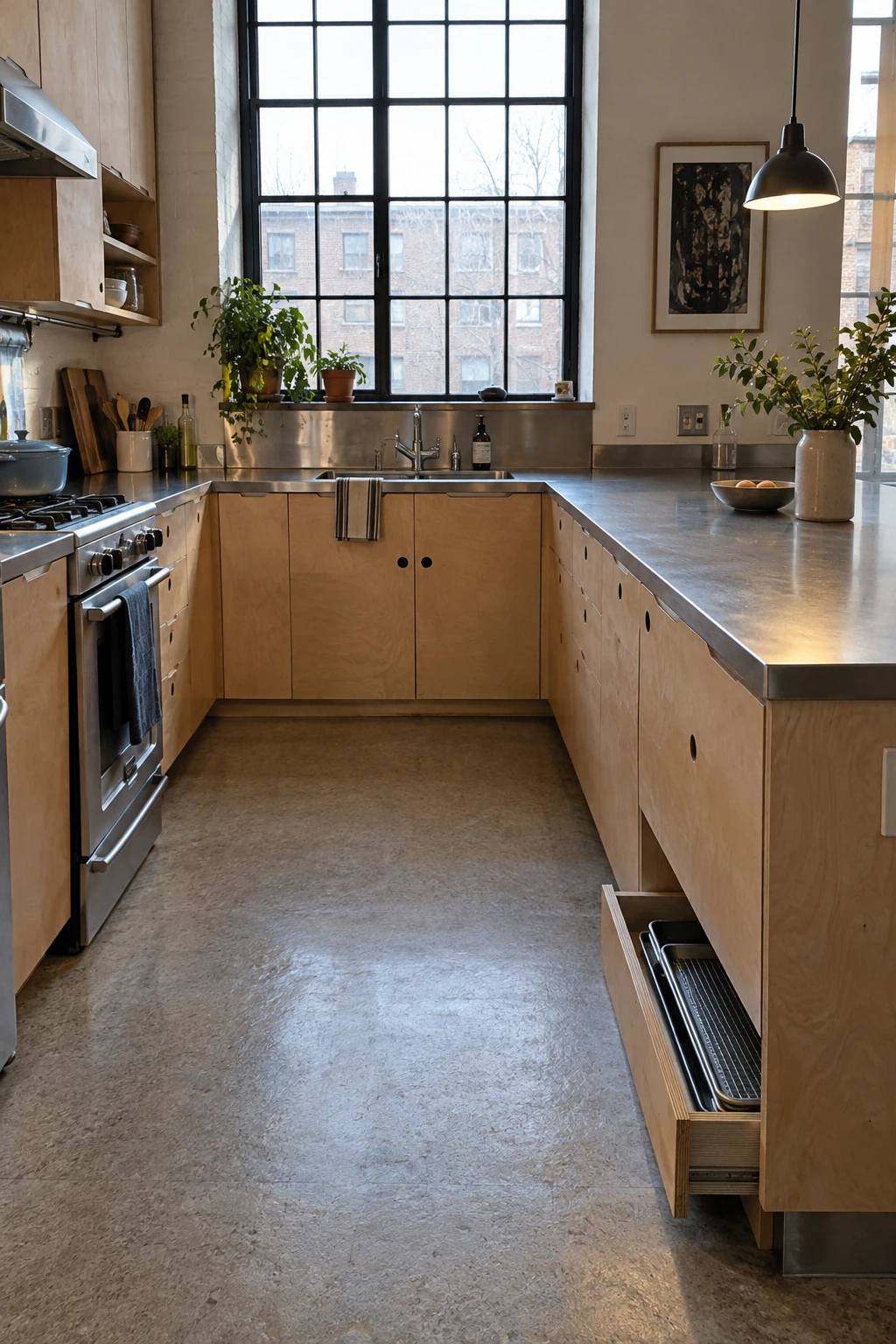 Toe-kick drawer for flat pans at a peninsula base