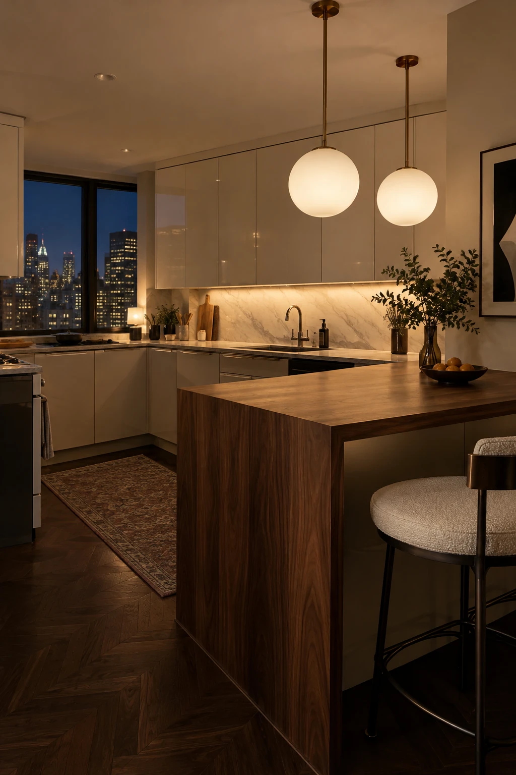 Pendant lights centered over a kitchen peninsula