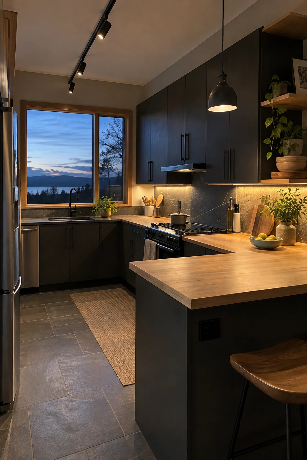 Layered task lighting in a U-shaped kitchen with peninsula