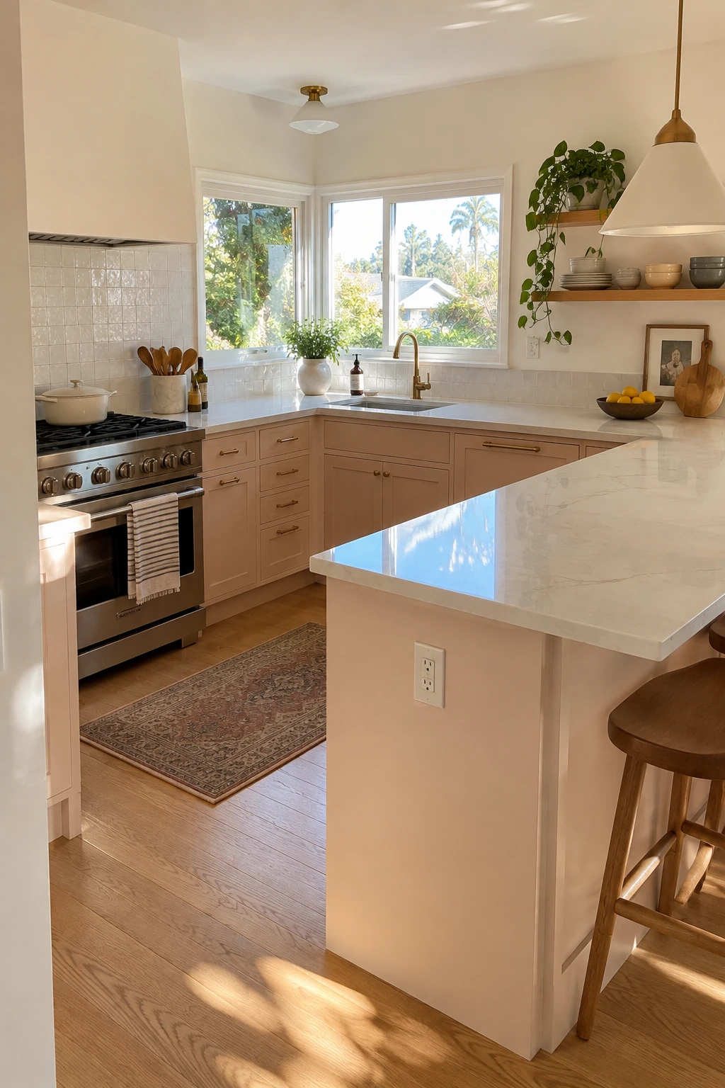 Carefully placed quartz seam on a kitchen peninsula