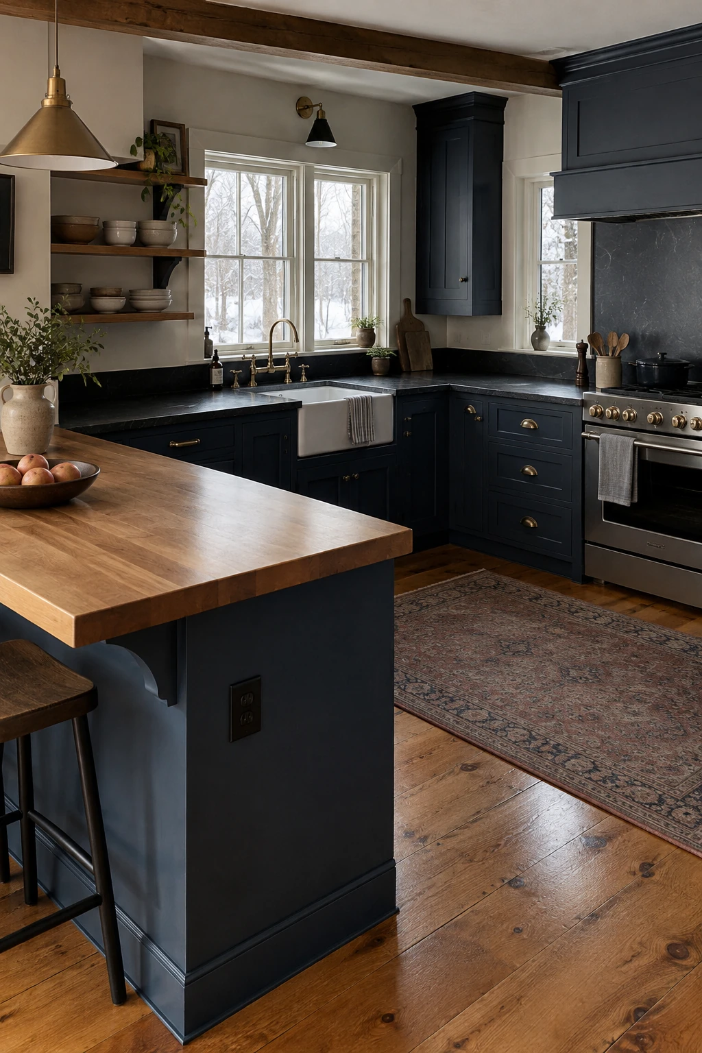 Butcher-block peninsula with stone perimeter counters