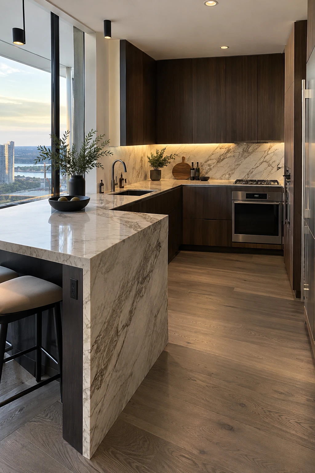 Stone waterfall end on a kitchen peninsula