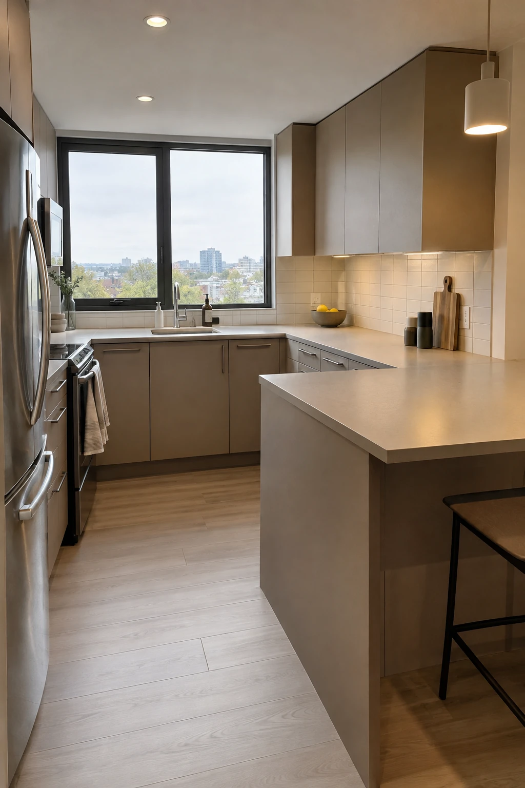 Matte laminate countertop on a kitchen peninsula