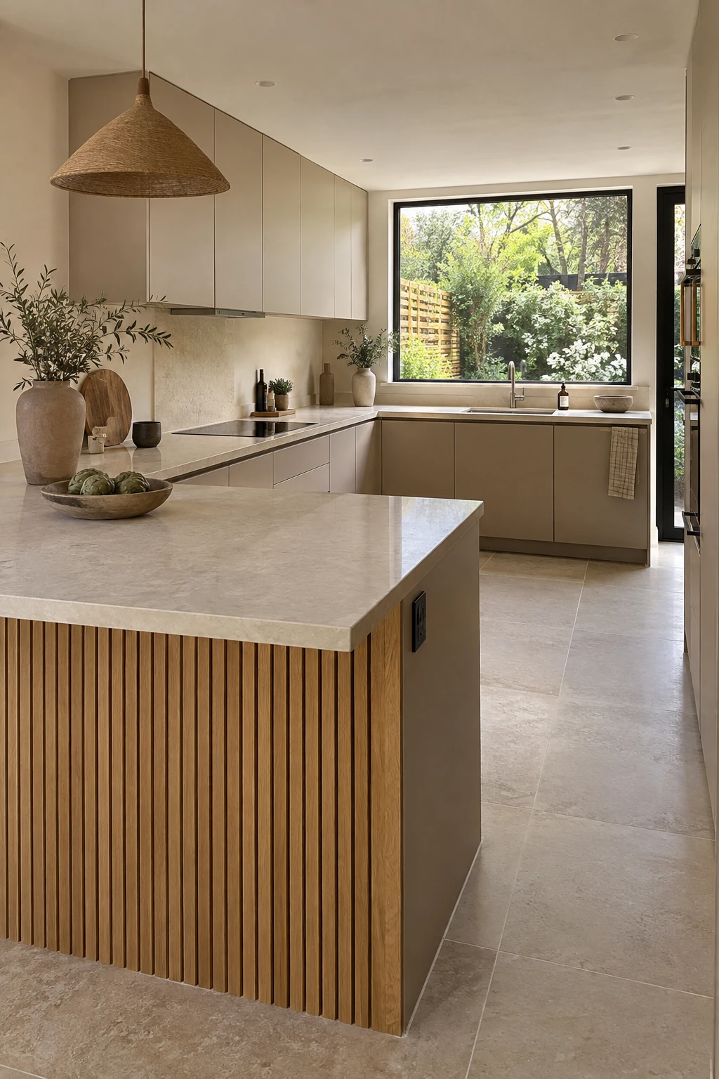 Oak slat panel on the dining side of a peninsula