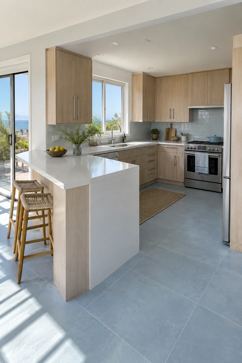 Continuous flooring around a U-shaped kitchen peninsula