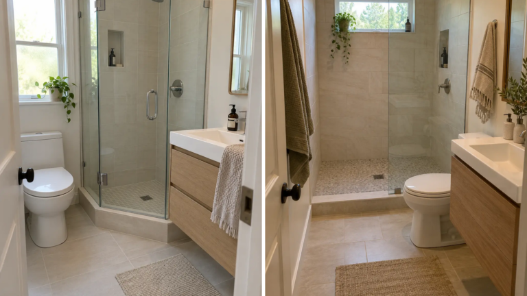 Two functional very small bathrooms with compact showers and space-saving fixtures