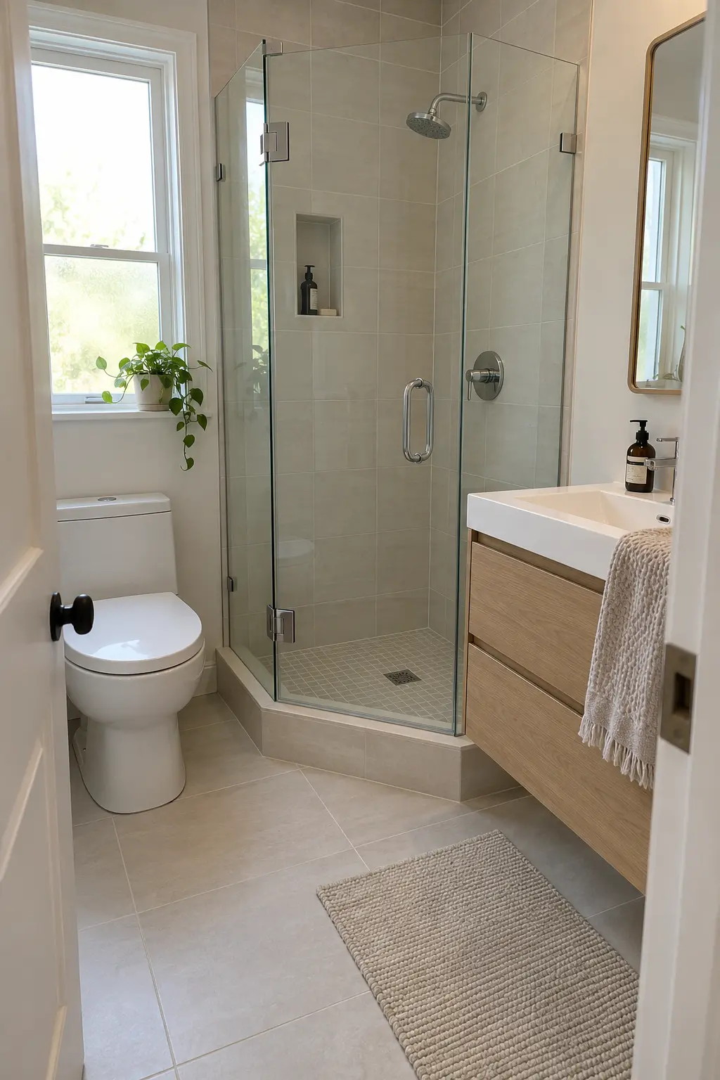 Use a 36-Inch Corner Shower With Clear Glass in a realistic very small bathroom with a functional shower