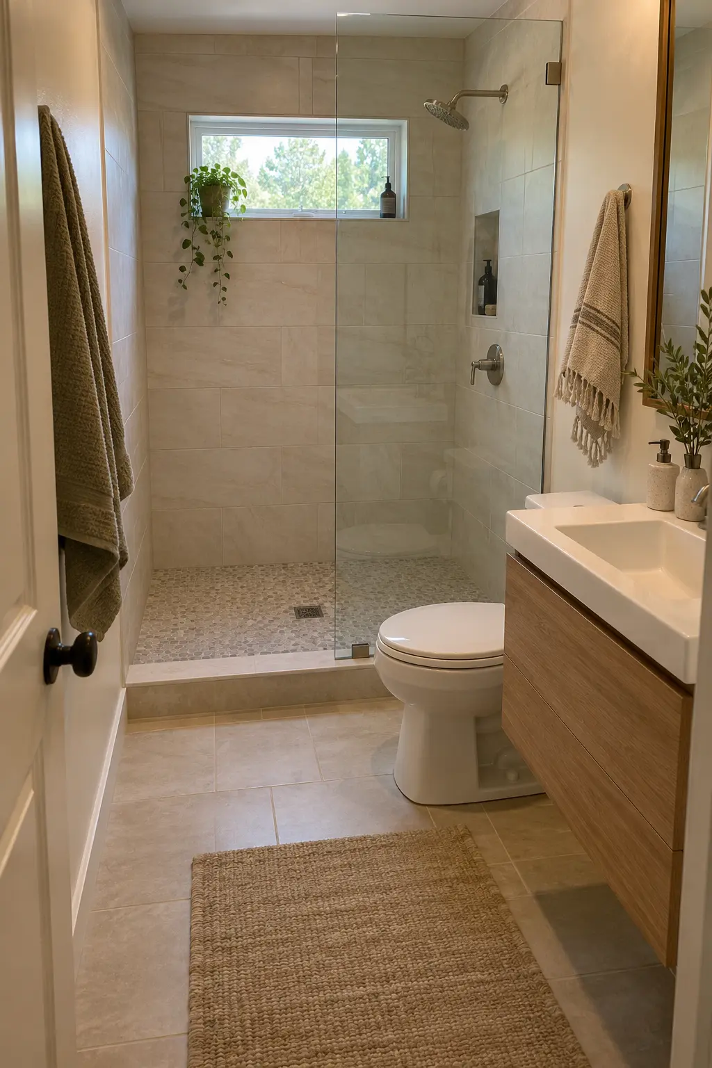 Run the Shower Across the Short Back Wall in a realistic very small bathroom with a functional shower