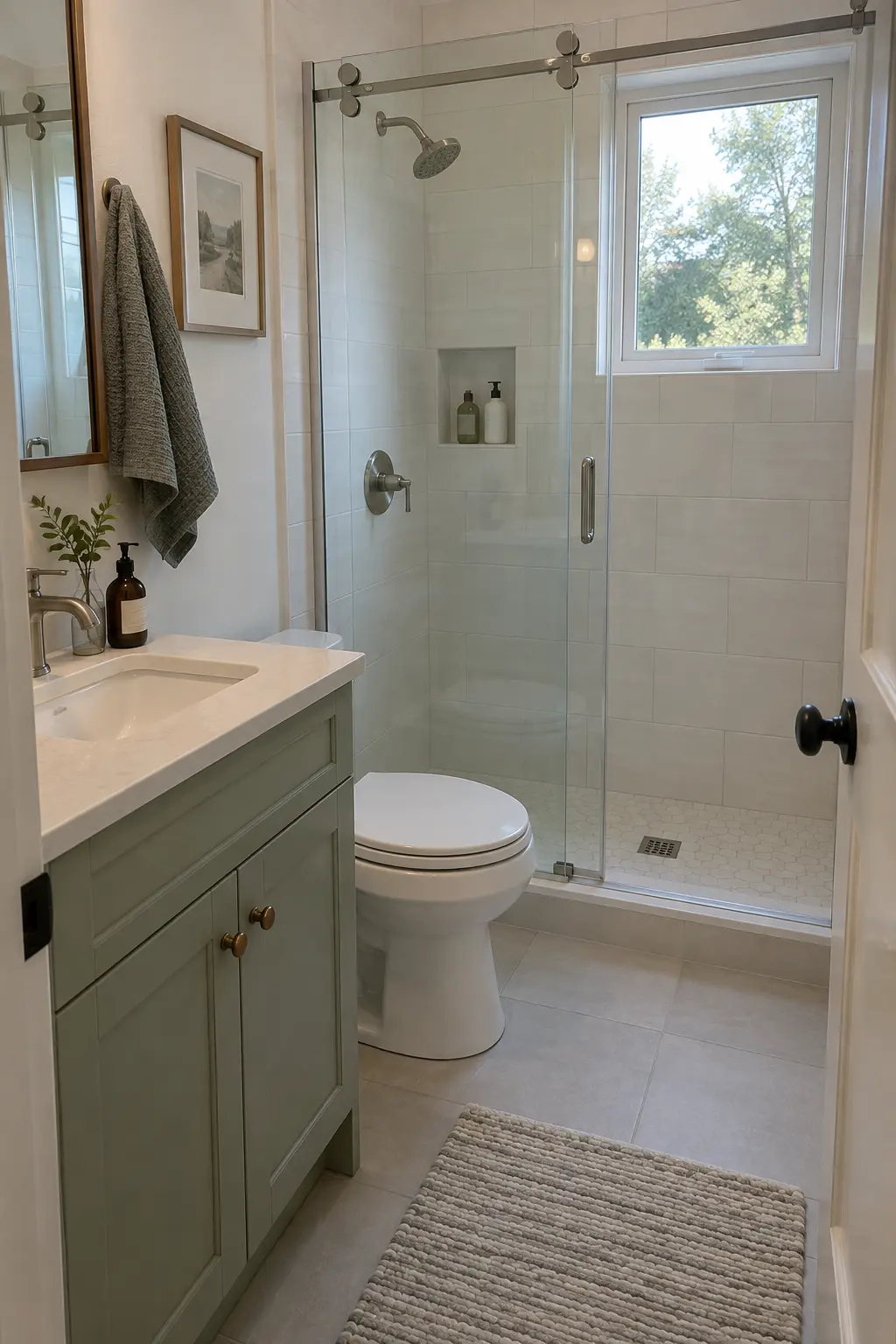 Choose a Top-Hung Sliding Shower Door in a realistic very small bathroom with a functional shower