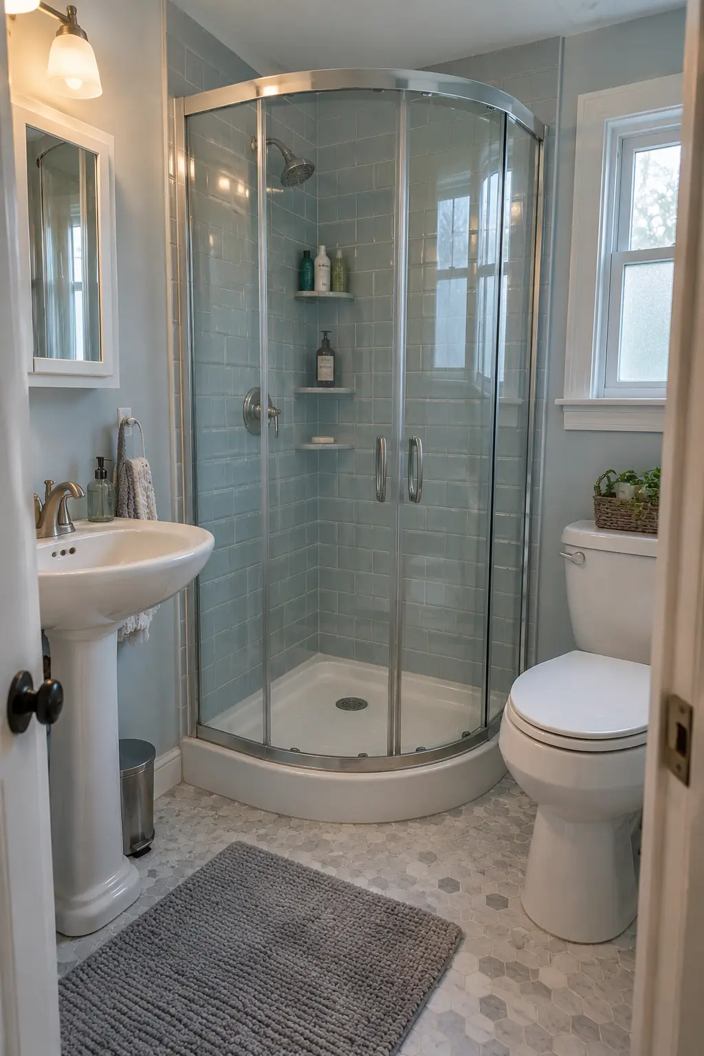 Fit a Neo-Angle Shower Into the Corner in a realistic very small bathroom with a functional shower